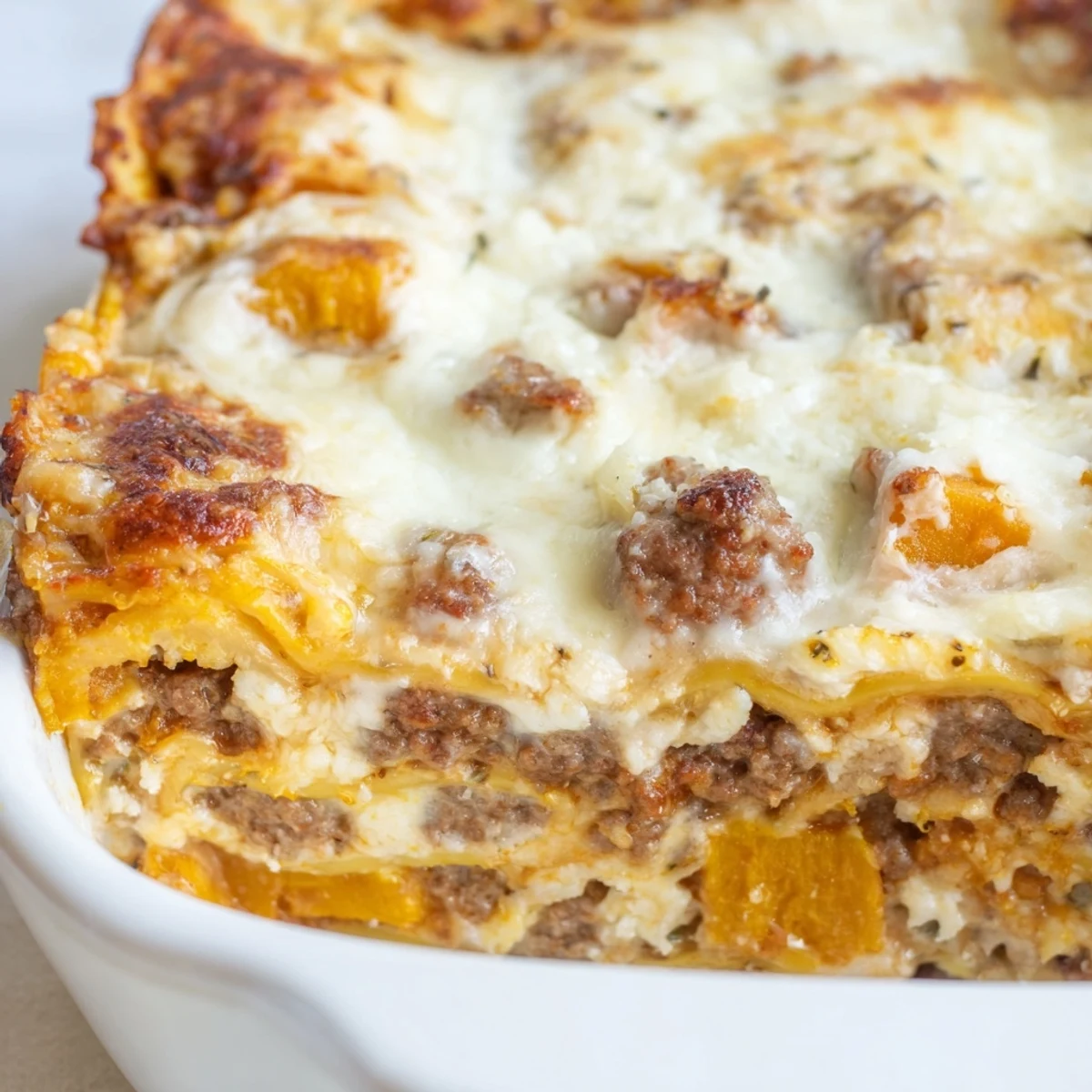 Slice of butternut squash sausage lasagna showing distinct layers of pasta, ricotta, and savory tomato sauce