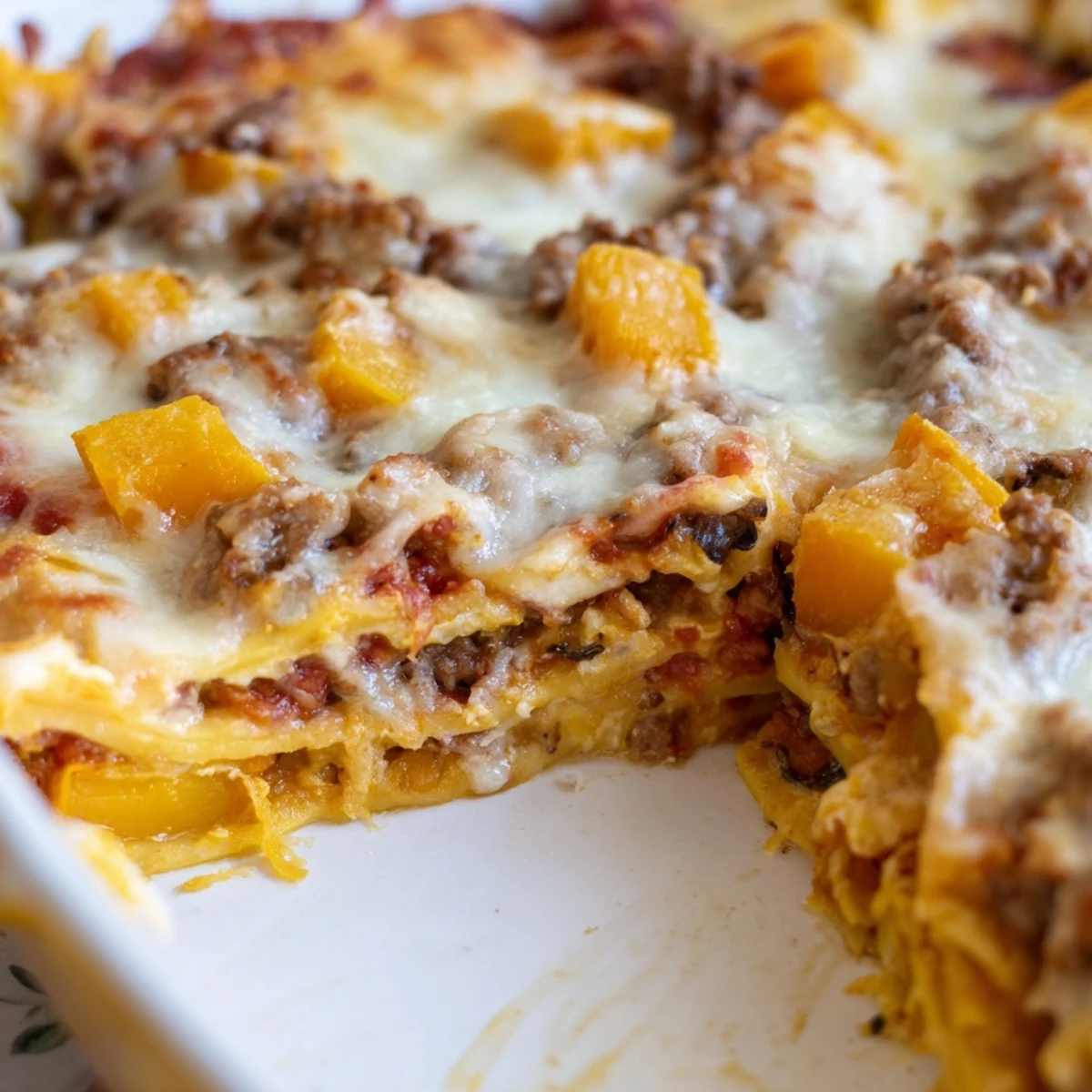 Hearty Italian sausage lasagna featuring sweet roasted butternut squash and melted cheese on a serving plate