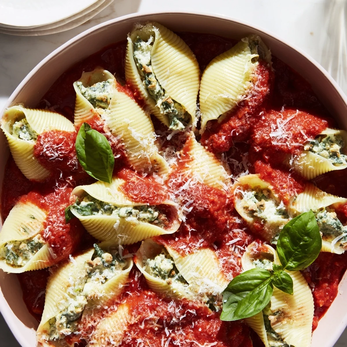 Festive Christmas stuffed pasta shells bubbling with mozzarella and parmesan in a baking dish with fresh basil garnish