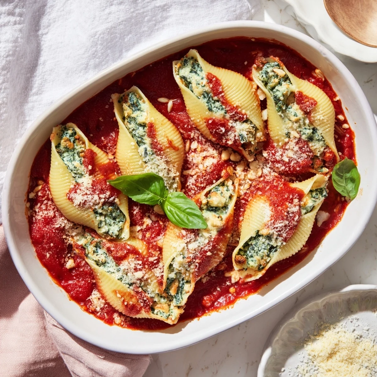 Golden jumbo pasta shells filled with creamy ricotta spinach and cranberries topped with rich red tomato sauce