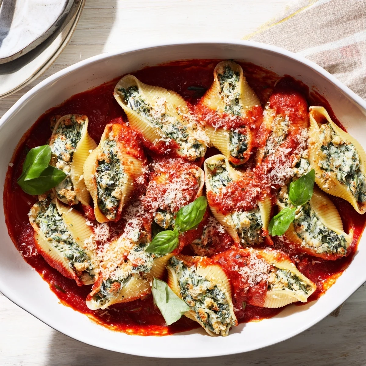 Holiday stuffed pasta dish featuring vibrant cranberries and spinach in ricotta filled shells smothered in marinara sauce