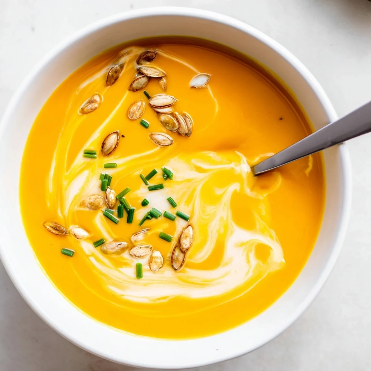 Golden roasted butternut squash soup with a swirl of coconut cream and chopped chives on top