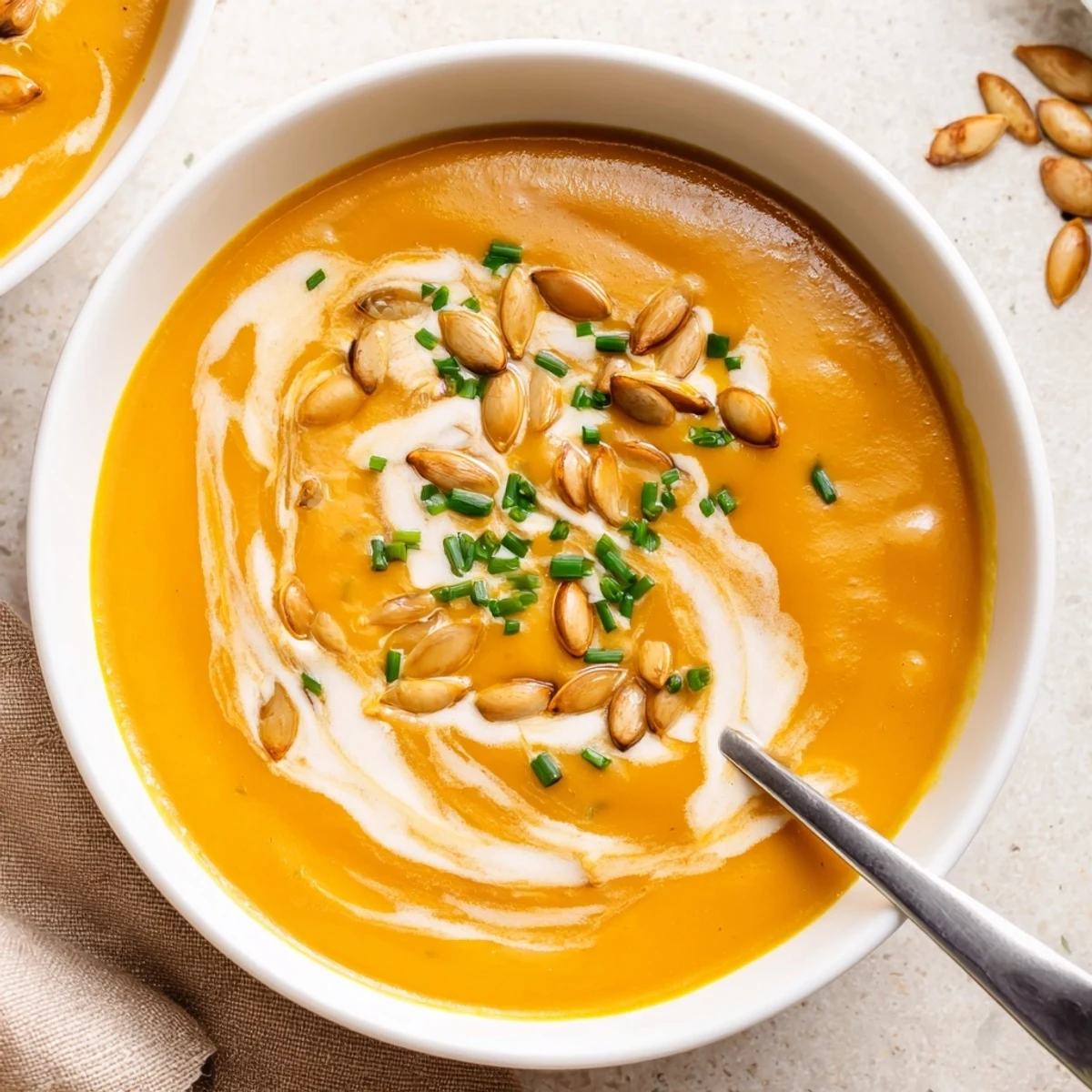 Creamy butternut squash soup garnished with toasted pumpkin seeds and fresh herbs in a white bowl