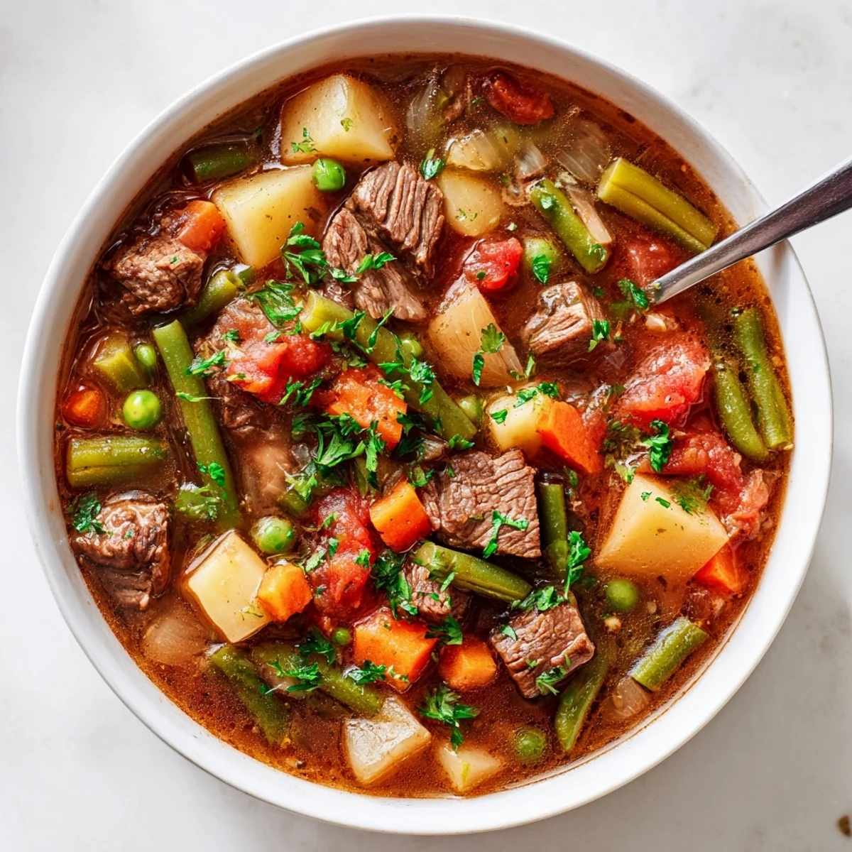 Steaming bowl of braised vegetable beef soup loaded with tender beef chunks, carrots, potatoes, and green beans in rich broth