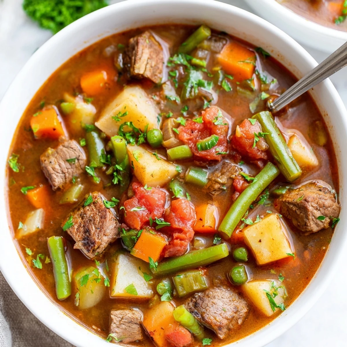 Hearty braised vegetable beef soup featuring braised beef, garden vegetables, and fresh parsley garnish in a deep soup bowl