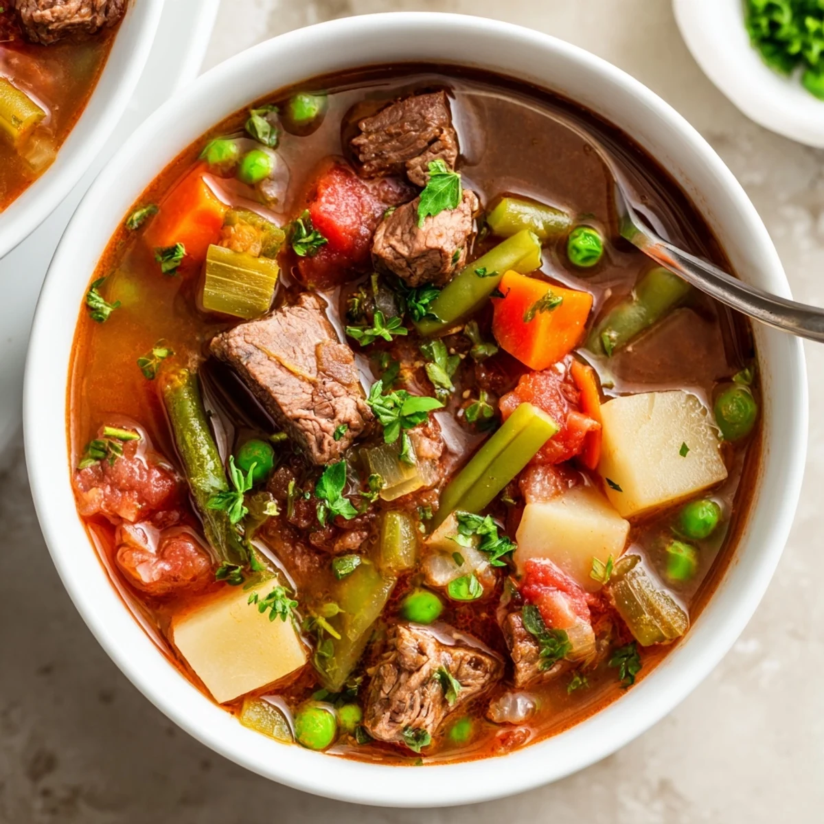Comforting braised vegetable beef soup with chunks of beef, diced tomatoes, celery, and peas simmered in savory beef broth