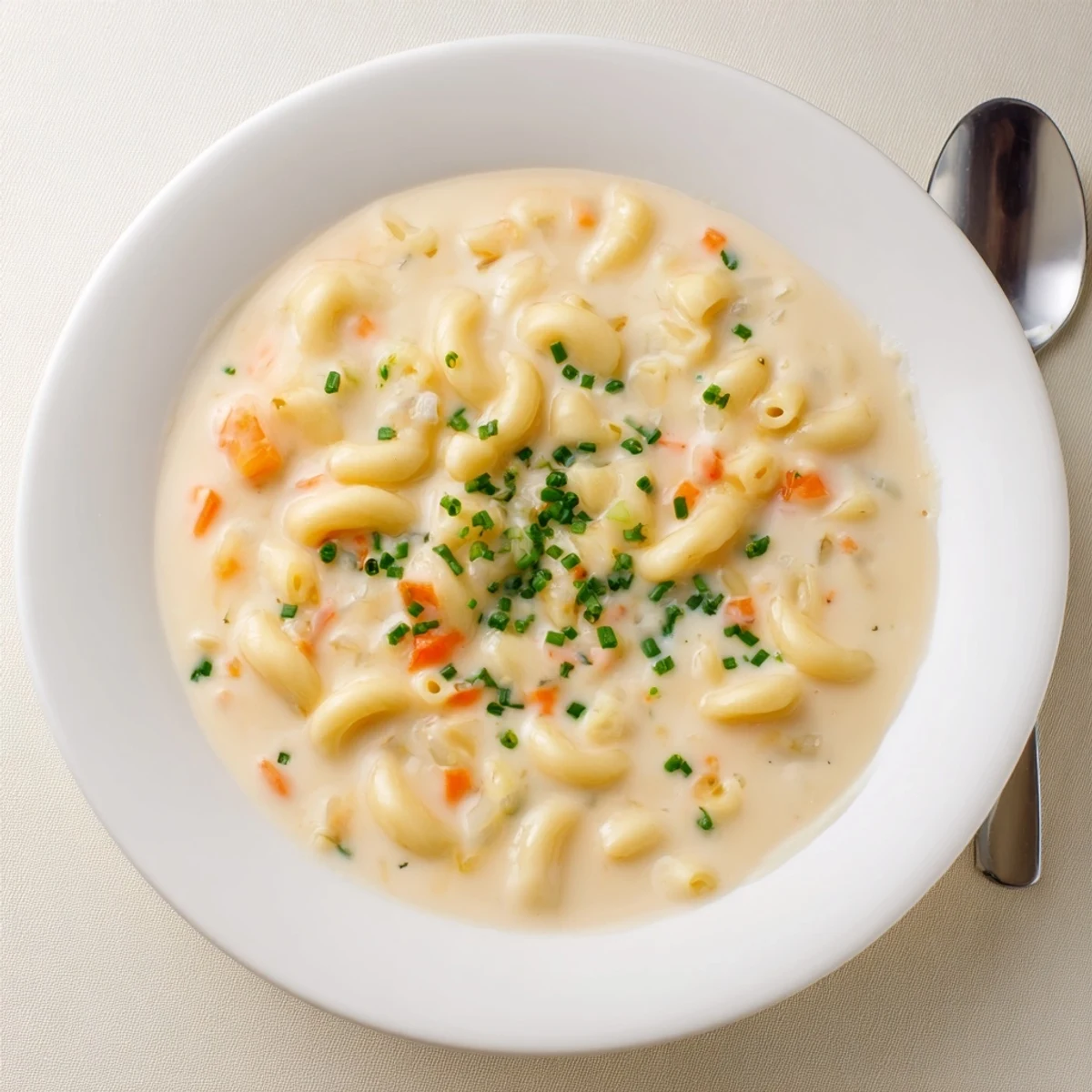Creamy mac and cheese soup filled with tender elbow pasta in a rich golden broth