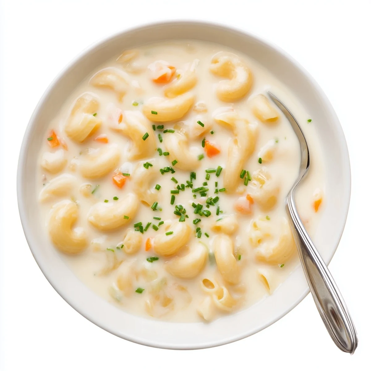 Steaming bowl of mac and cheese soup topped with melted cheddar and fresh chives