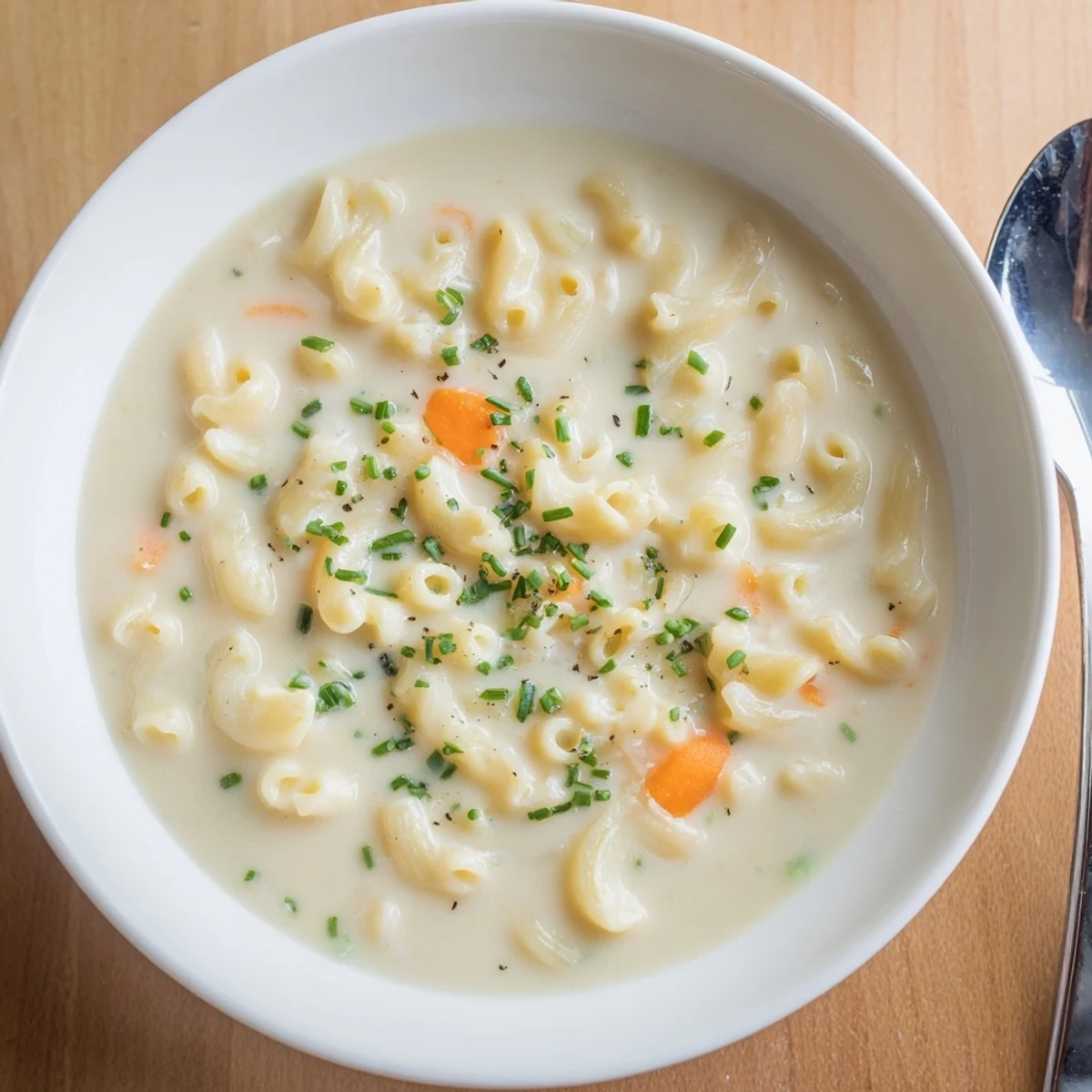 Spoon lifting creamy mac and cheese soup with gooey cheese from a white bowl