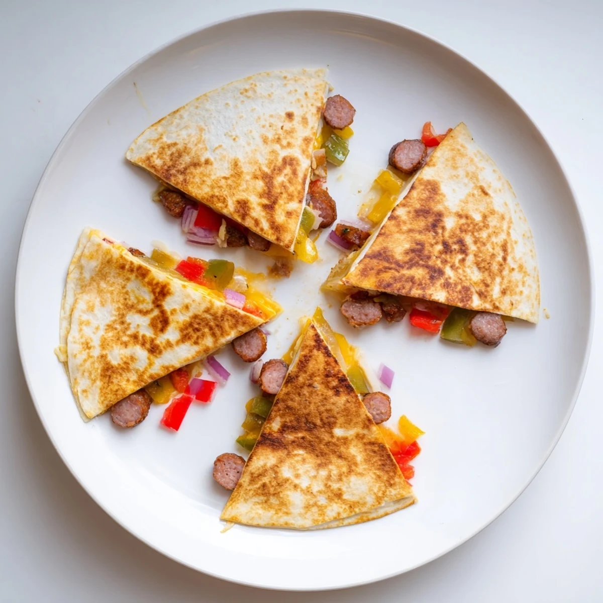 Golden brown Cajun beef sausage quesadillas with melty Monterey Jack and cheddar cheese oozing from crispy flour tortillas