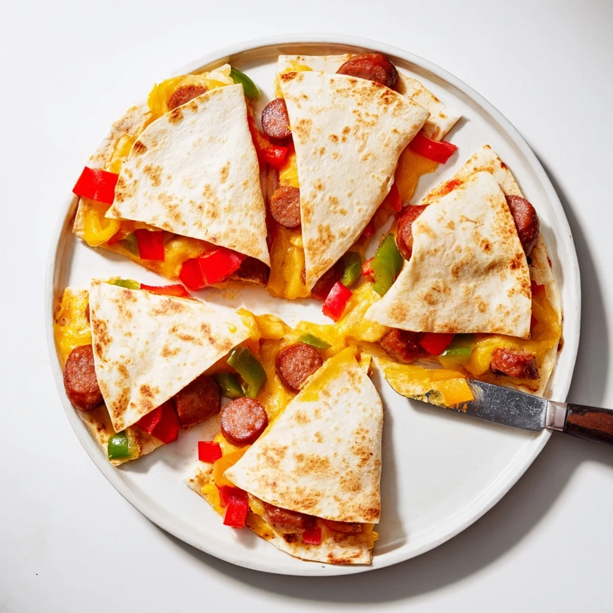 Crispy pan-fried Cajun beef sausage quesadillas with melted cheese dripping from the edges alongside diced bell peppers and red onion