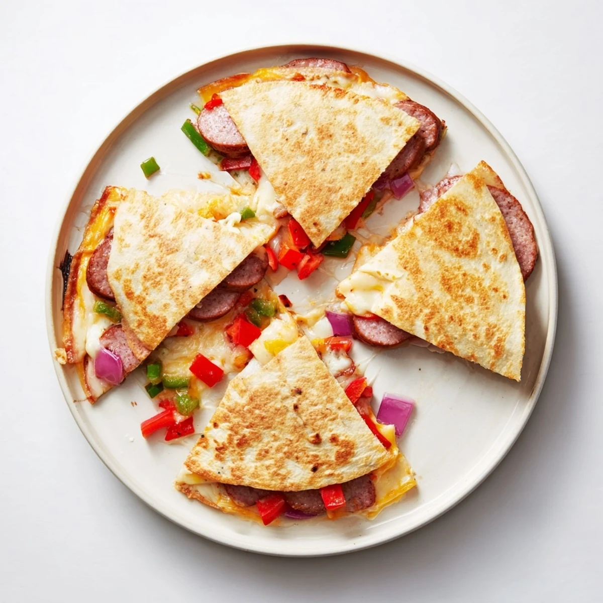 Sliced wedges of spicy Cajun beef sausage quesadillas showcasing colorful peppers and onions inside the cheese-filled tortilla triangles