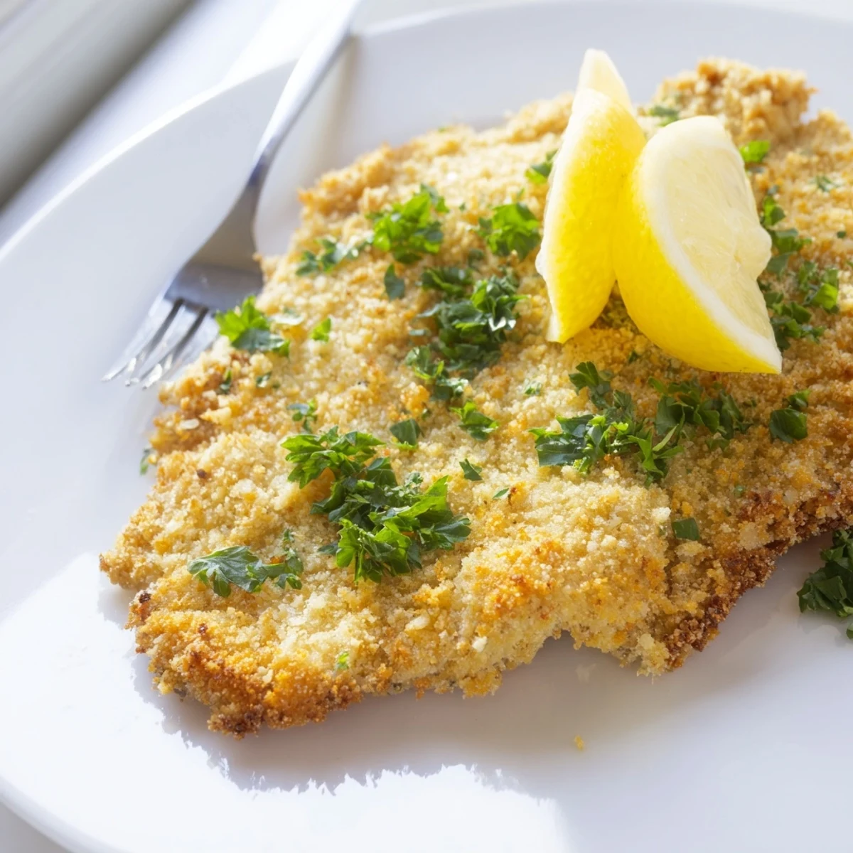 Golden crispy beef escalope Milanese garnished with fresh parsley and lemon wedges on white plate