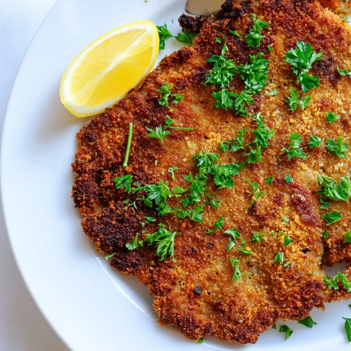 Pan-fried breaded beef Milanese with crunchy Parmesan panko coating served alongside bright citrus