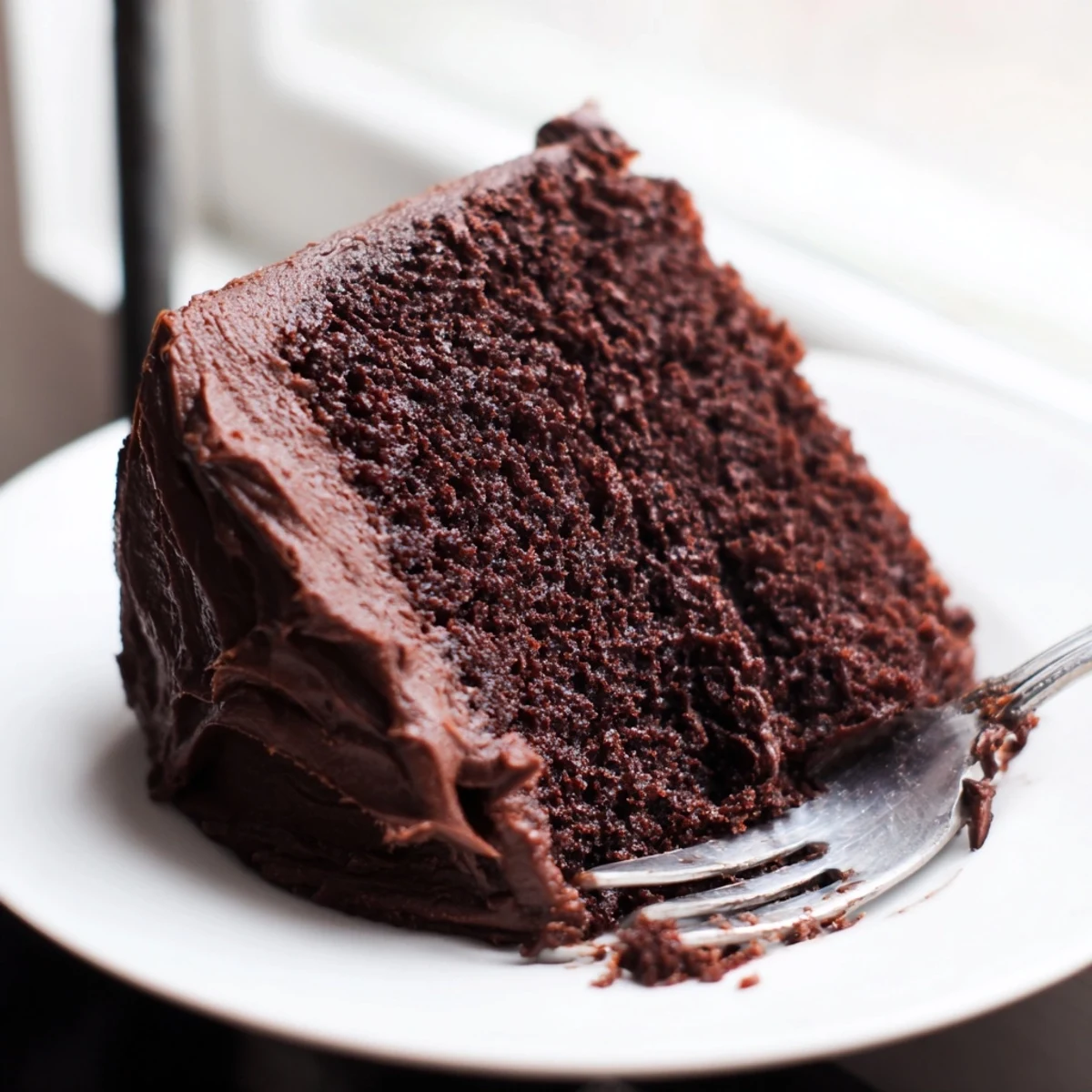 Moist chocolate cake with mayonnaise baked in round pans, topped with chocolate frosting