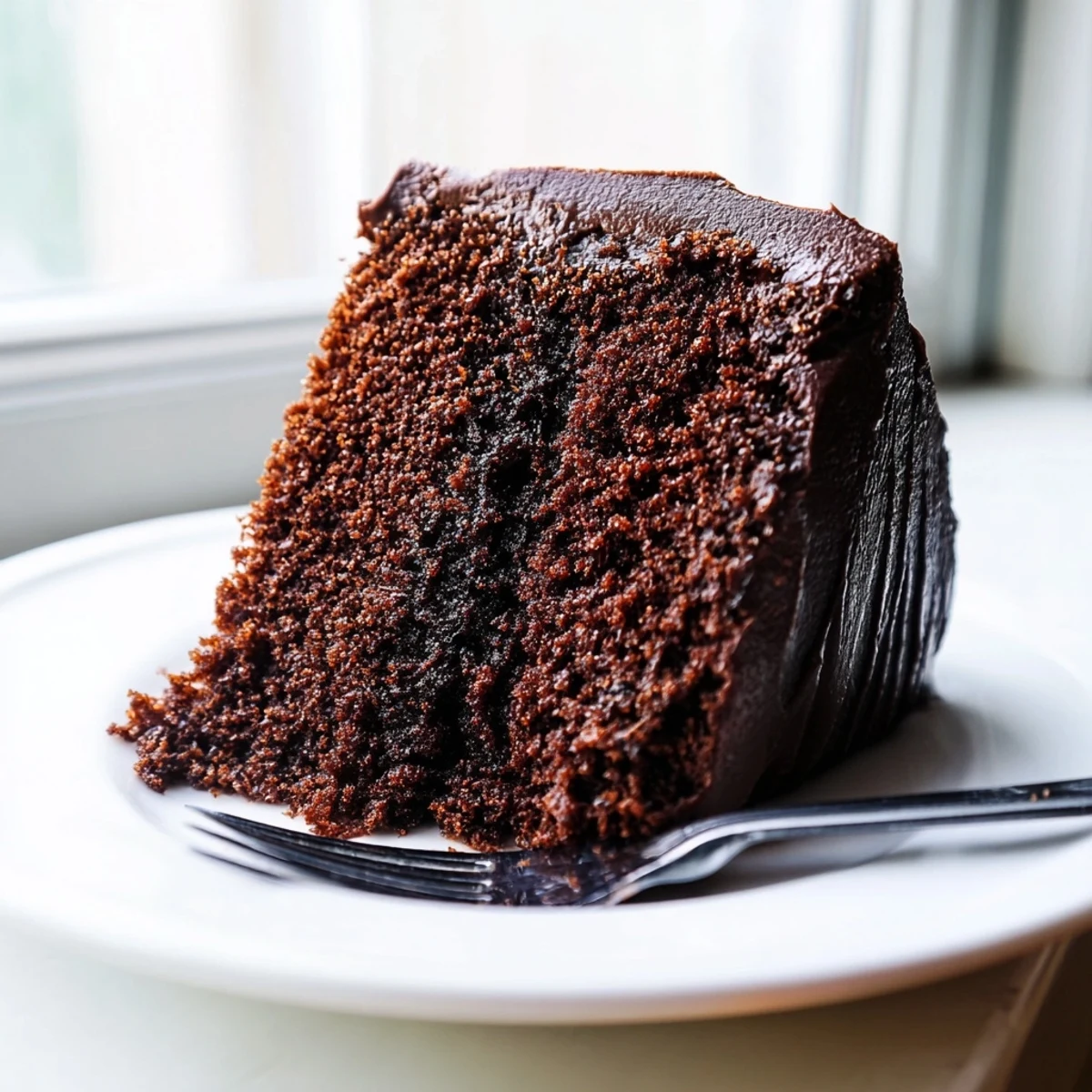 Rich chocolate mayonnaise cake slice revealing tender dark crumb on white dessert plate