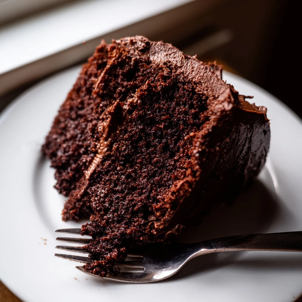 Homemade chocolate cake made with mayonnaise, frosted and ready for special occasions