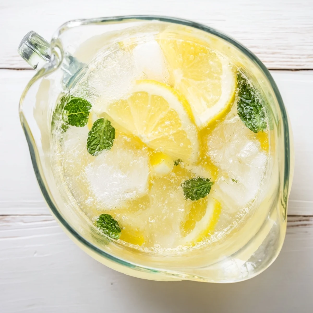 Fresh homemade lemonade in a glass pitcher with floating ice cubes and lemon slices