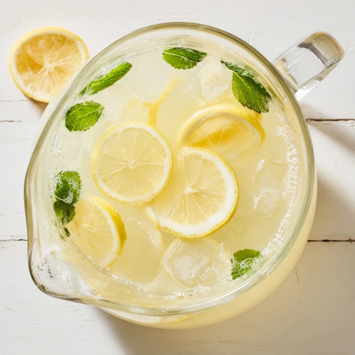 Golden pitcher of classic lemonade garnished with mint leaves and fresh lemon wedges on ice