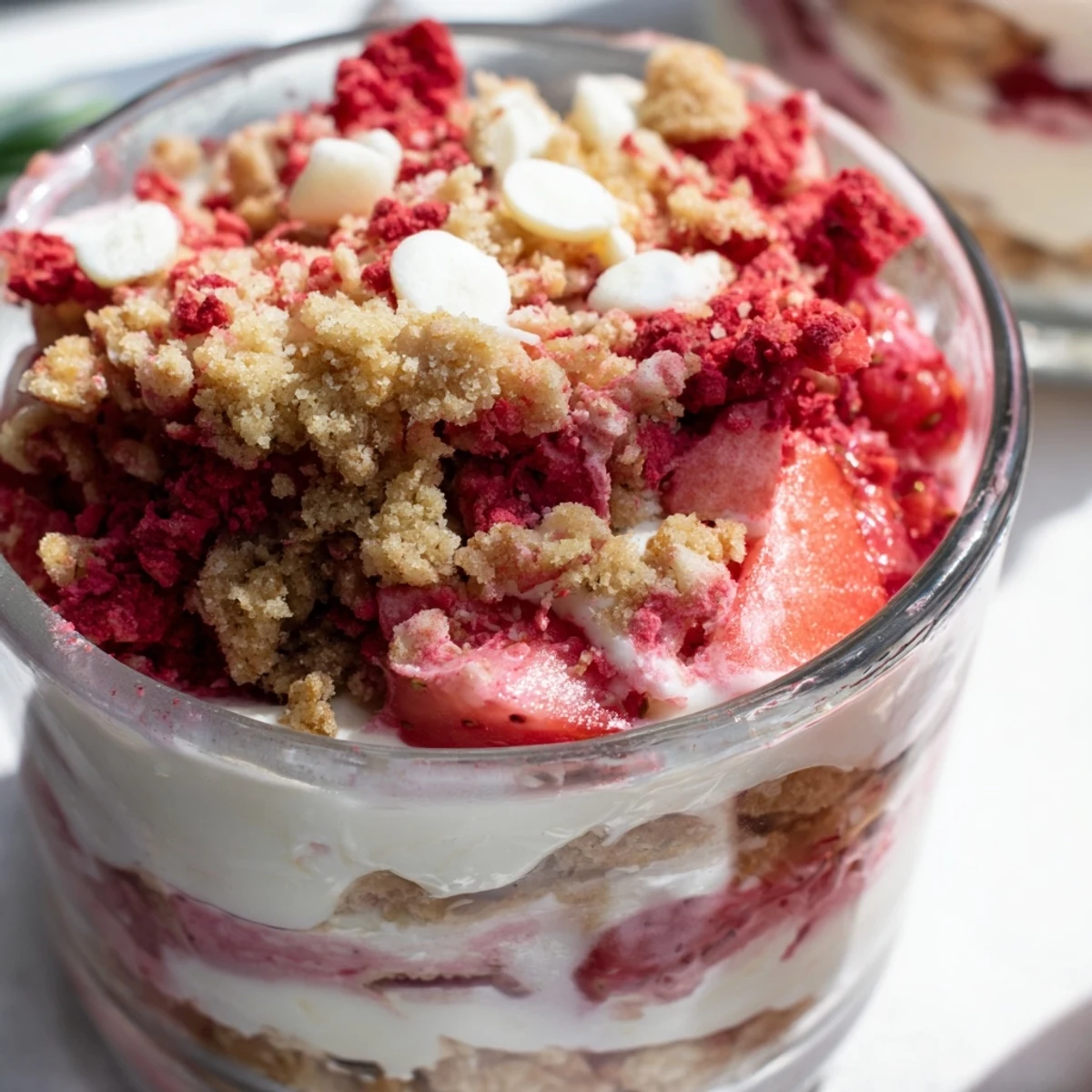Slice of strawberry cheesecake crunch showing smooth cheesecake and juicy red strawberries with crispy crumble