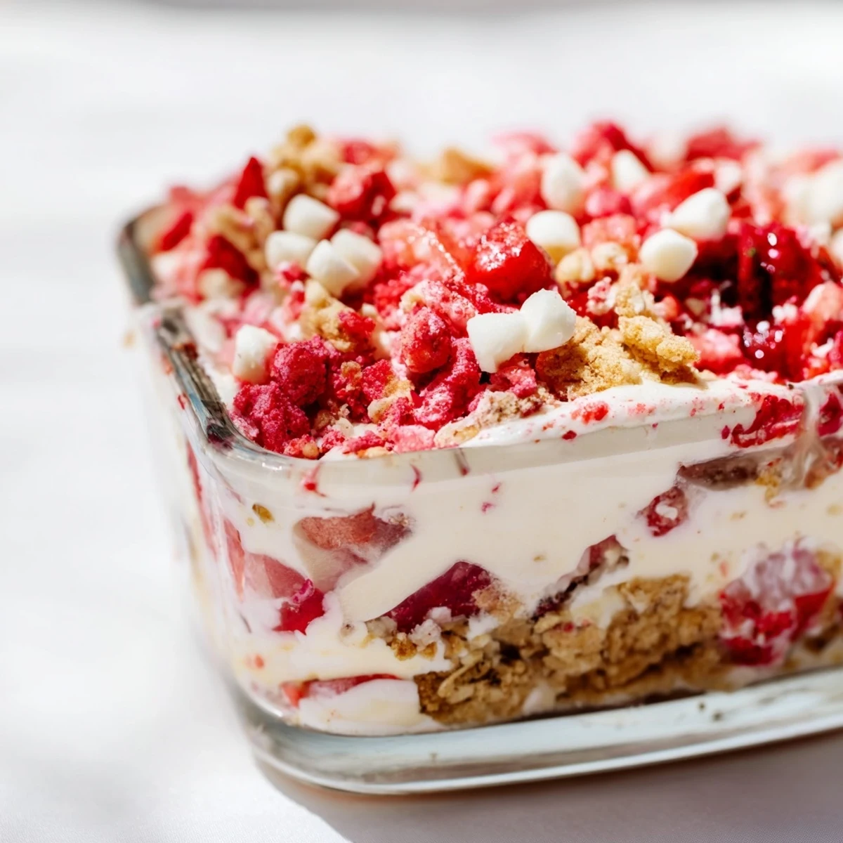 Creamy strawberry cheesecake crunch dessert layered with fresh berries and golden graham cracker topping