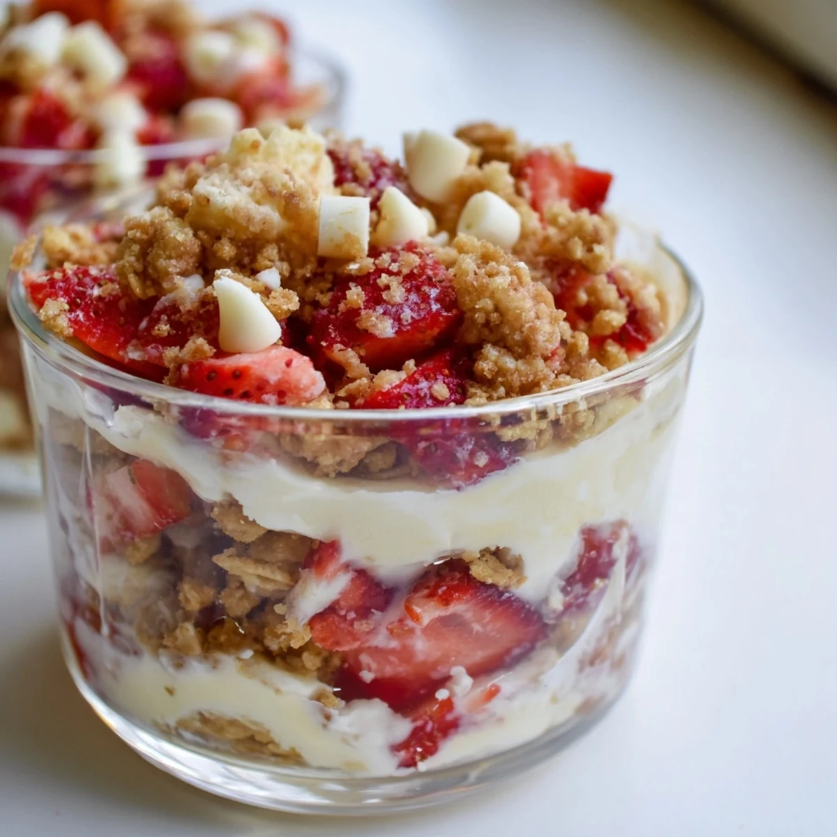 Individual glass of strawberry cheesecake crunch featuring whipped cream cheese layers and sweet strawberry sauce