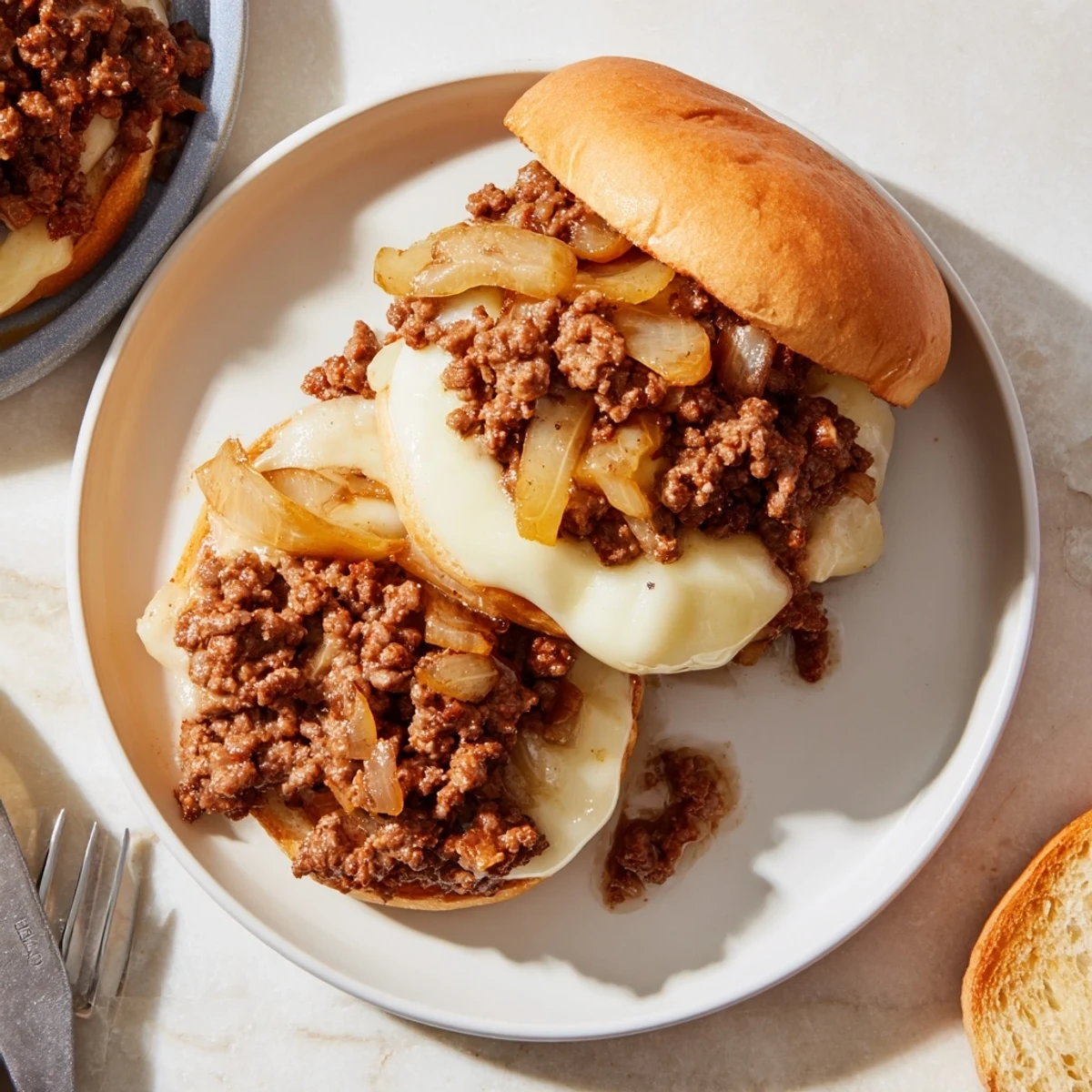 French Onion Beef Sloppy Joes piled high with caramelized onions and melted provolone on toasted buns