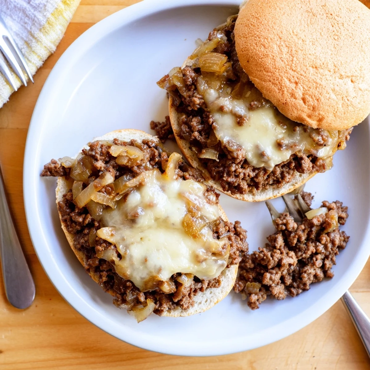 Savory ground beef French Onion Beef Sloppy Jores topped with bubbly Swiss cheese on soft hamburger buns