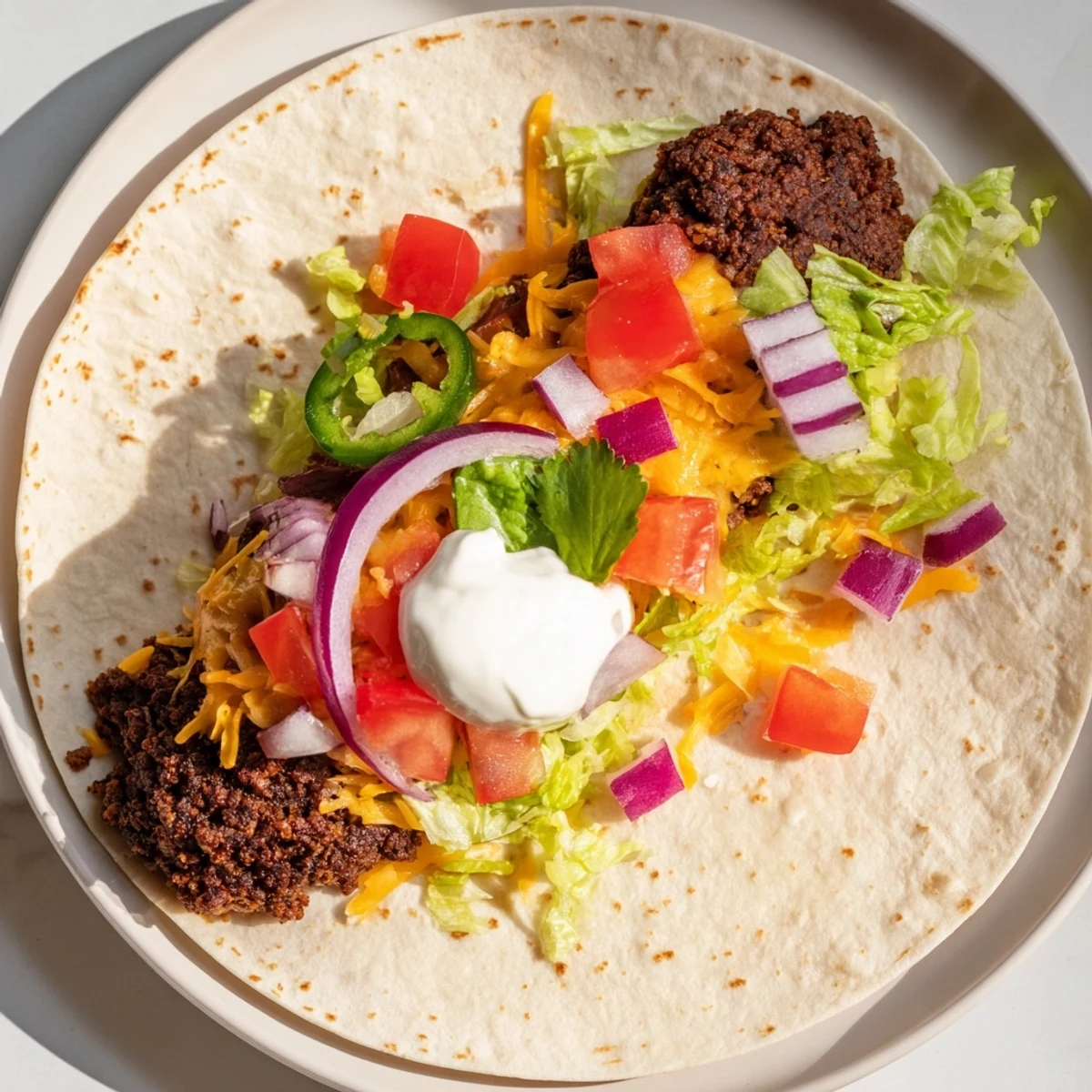 Golden crispy beef smash tacos topped with melted cheddar cheese and fresh colorful vegetables on a flat griddle