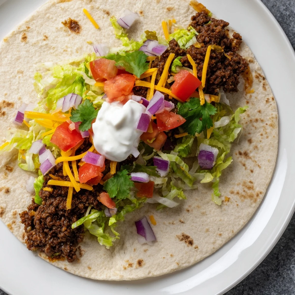 Delicious crispy beef Blackstone smash taco recipe loaded with two cheeses lettuce tomatoes and sour cream toppings