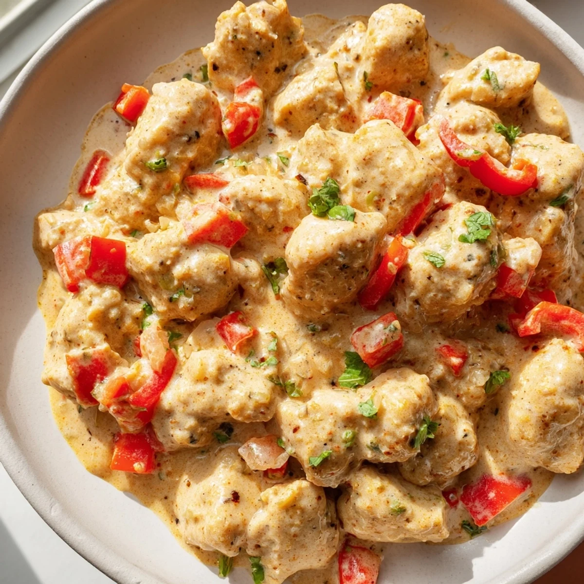 Tender chicken simmered in thick coconut milk curry with colorful bell peppers and red spices served over fluffy white rice in rustic bowl