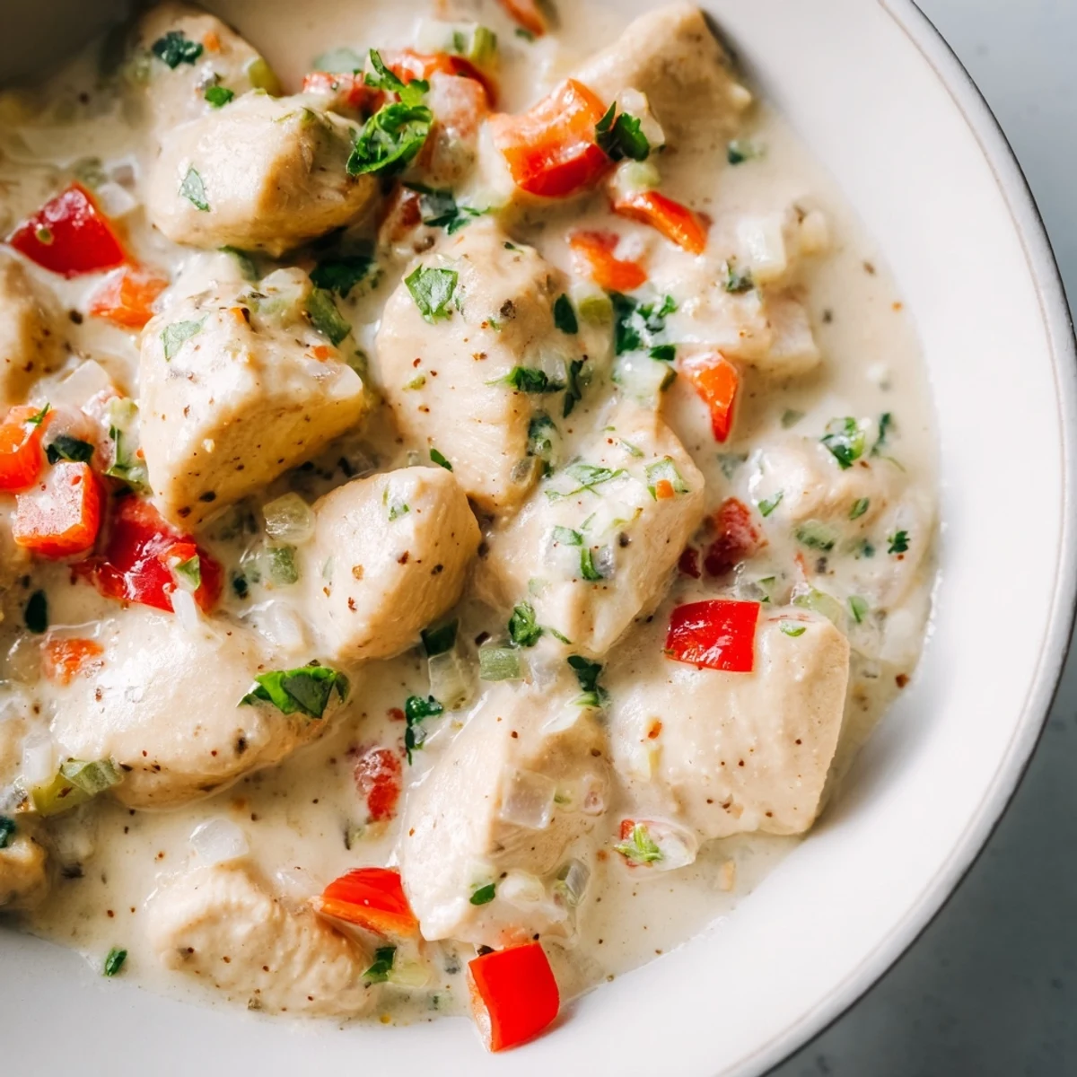 Golden Brazilian coconut chicken pieces swimming in rich creamy white coconut sauce with vibrant red bell pepper strips and fresh green cilantro garnish