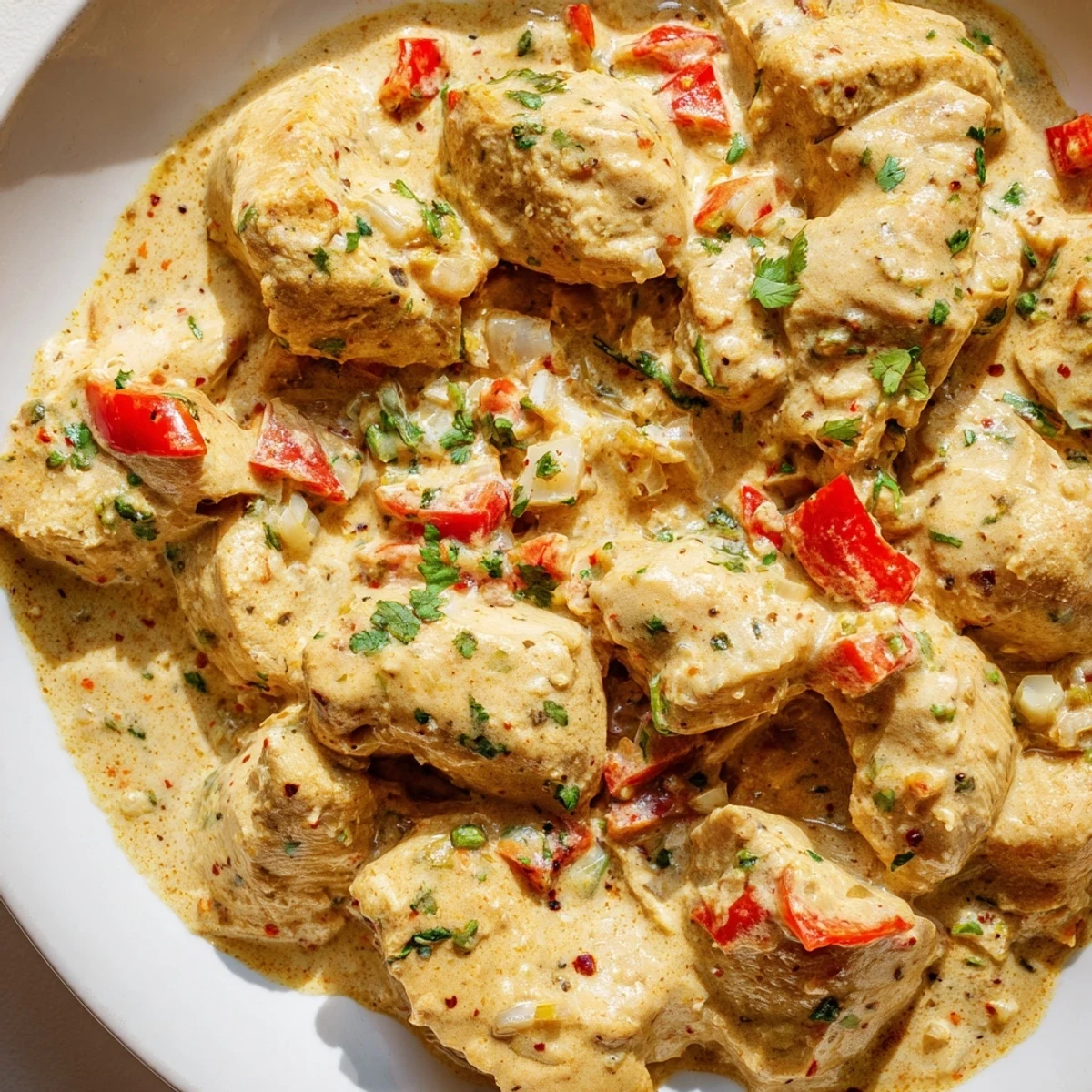 Creamy Brazilian coconut chicken dish with tender meat chunks in white coconut sauce garnished with fresh cilantro and lime wedges on wooden dining table