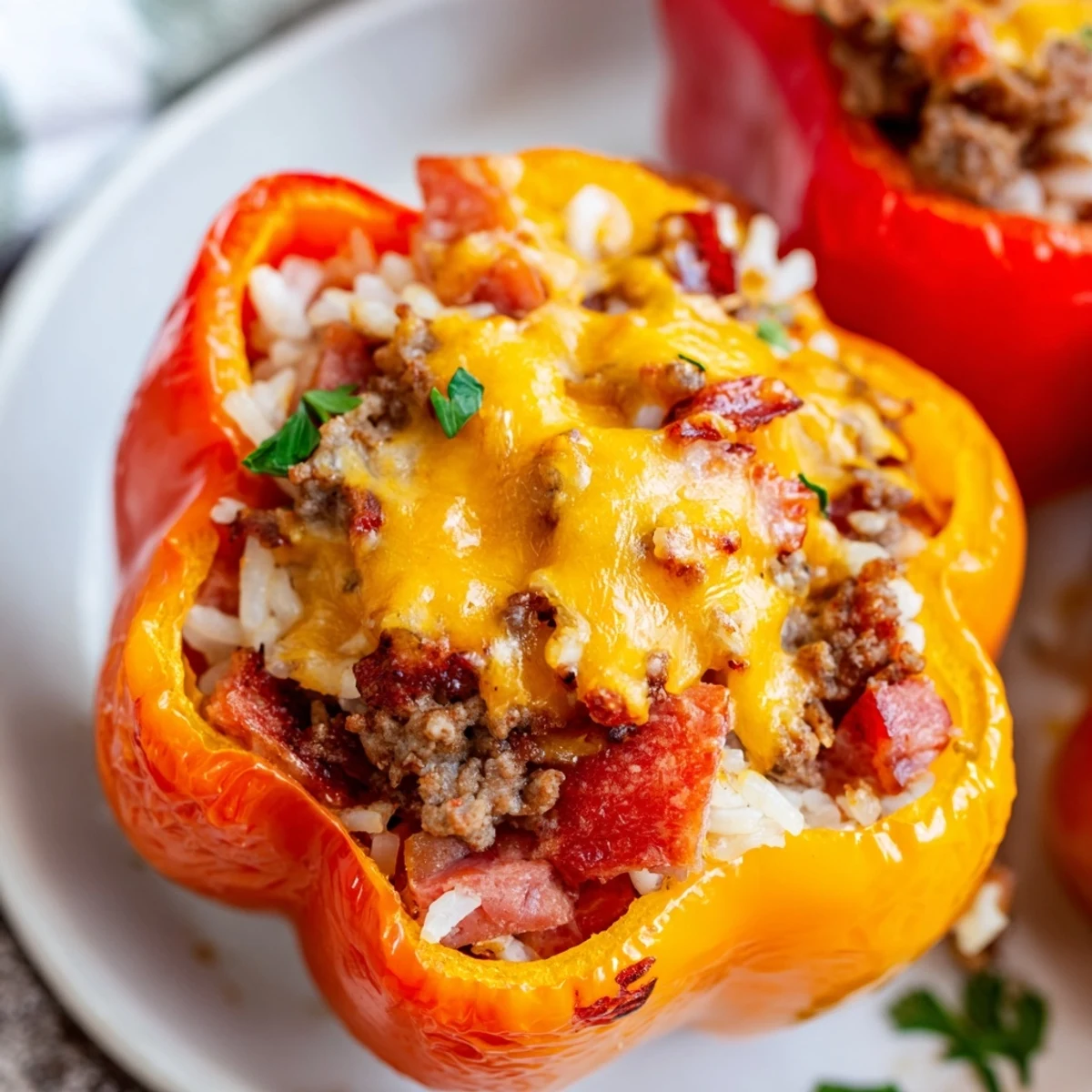 Golden melted cheese tops these Kielbasa stuffed bell peppers with savory beef rice filling