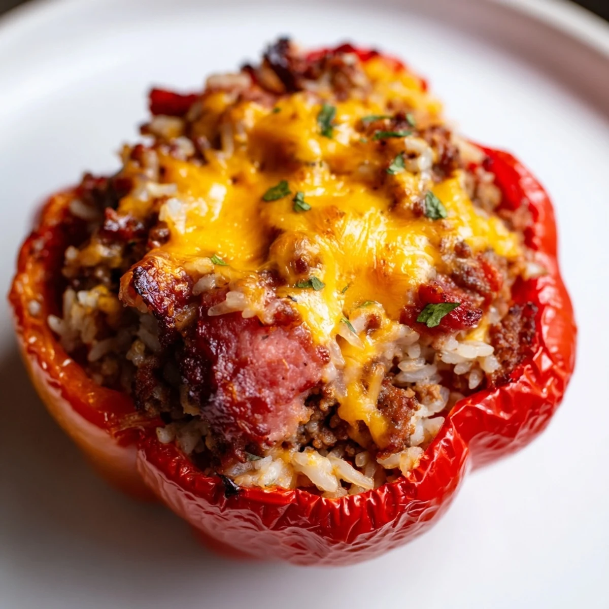 Vibrant red bell peppers stuffed with kielbasa beef rice filling topped with melted cheddar