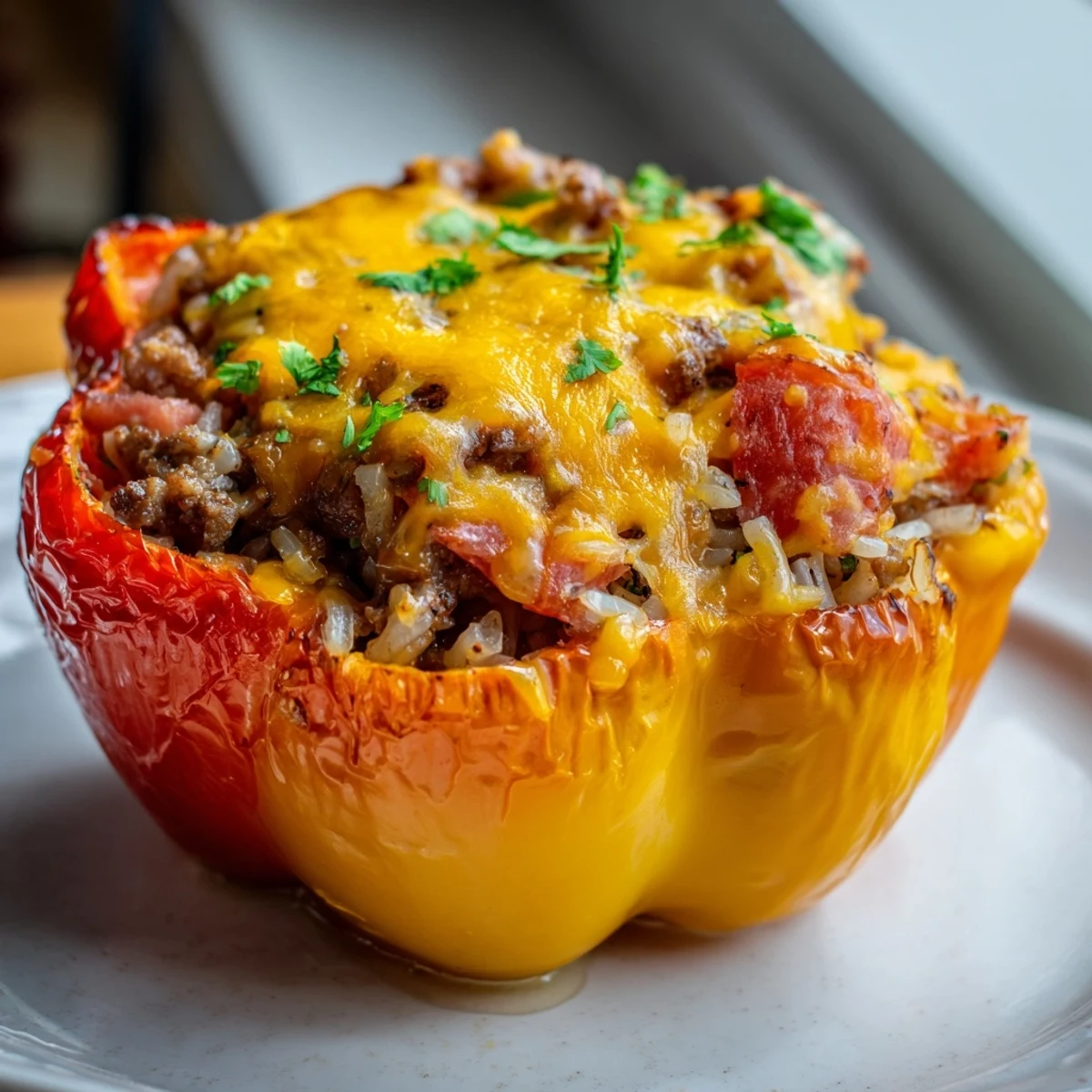Freshly baked Kielbasa stuffed bell peppers overflowing with cheesy beef and rice mixture
