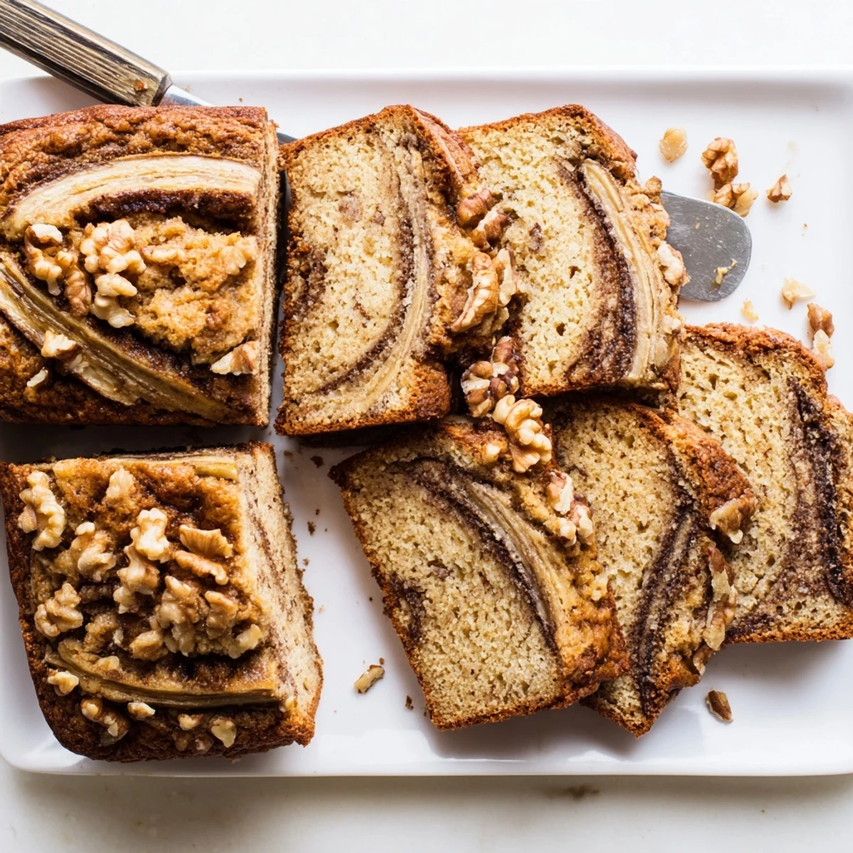 Golden brown loaf of banana nut bread with walnuts and cinnamon swirl fresh from oven