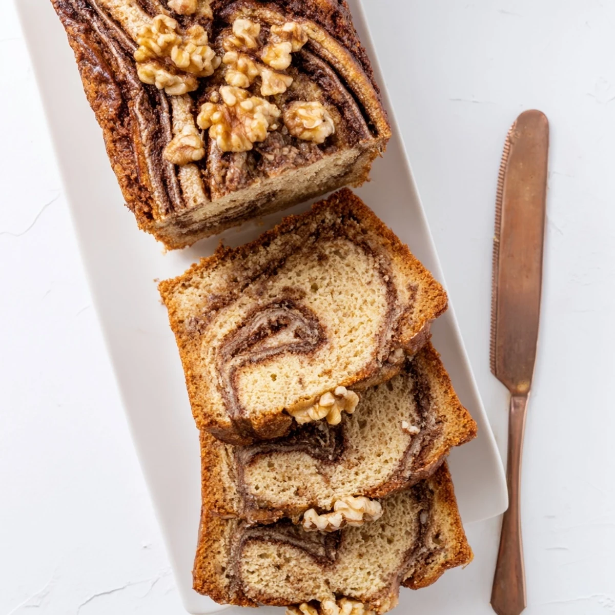 Sliced banana bread revealing marbled cinnamon sugar layers and crunchy toasted walnut pieces