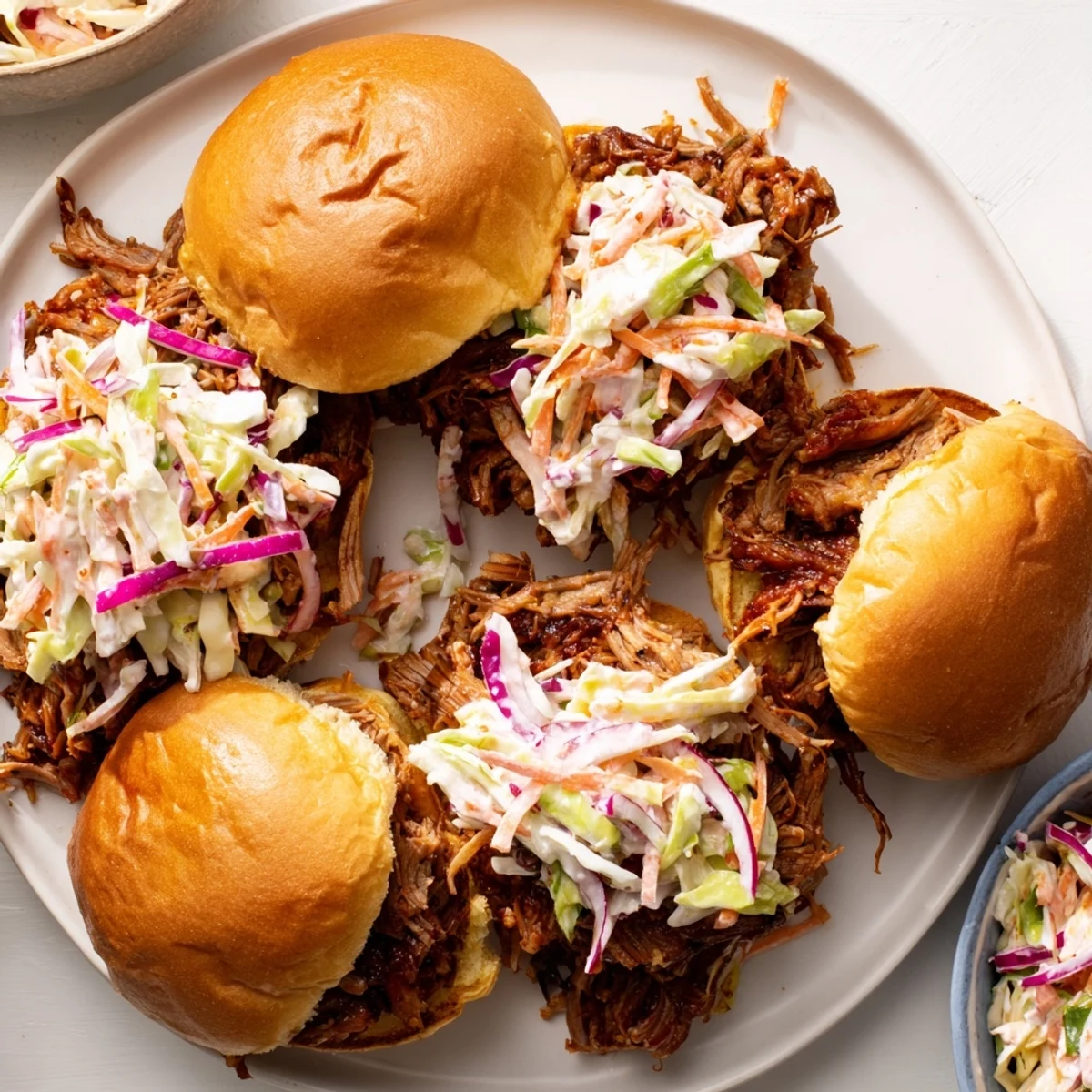 Tender BBQ pulled beef sliders piled high with crunchy coleslaw on toasted brioche buns
