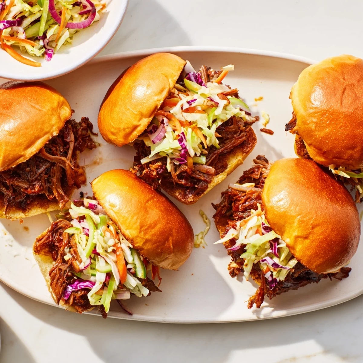 Golden brioche sliders loaded with smoky shredded beef and crisp colorful coleslaw topping