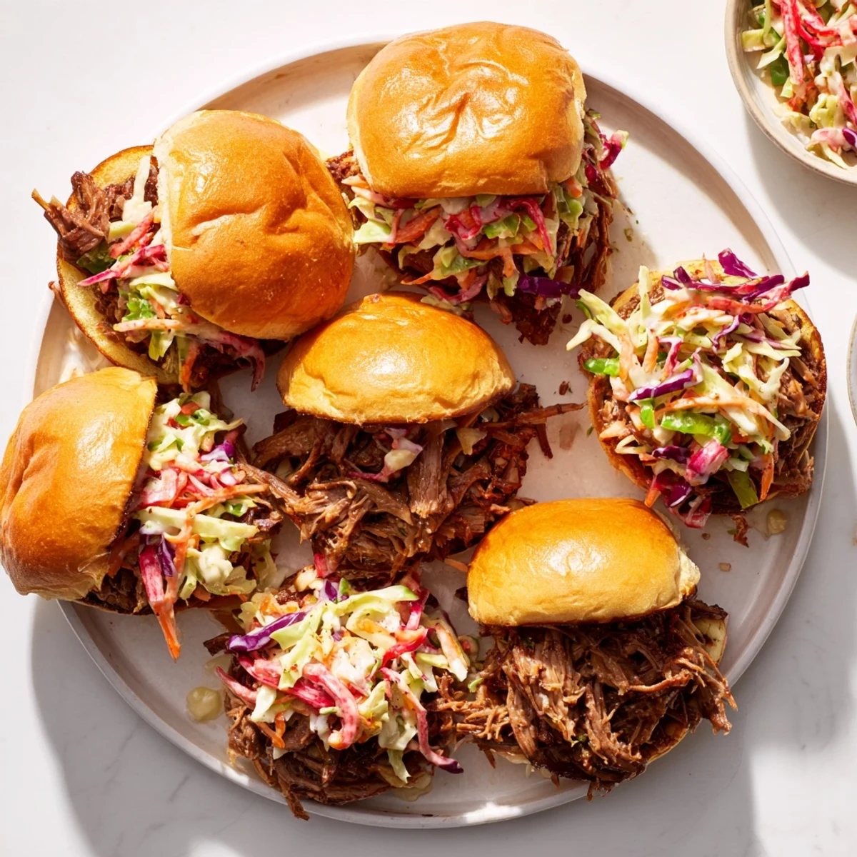 Juicy slow-cooked beef sliders topped with fresh coleslaw and drizzled with smoky BBQ sauce
