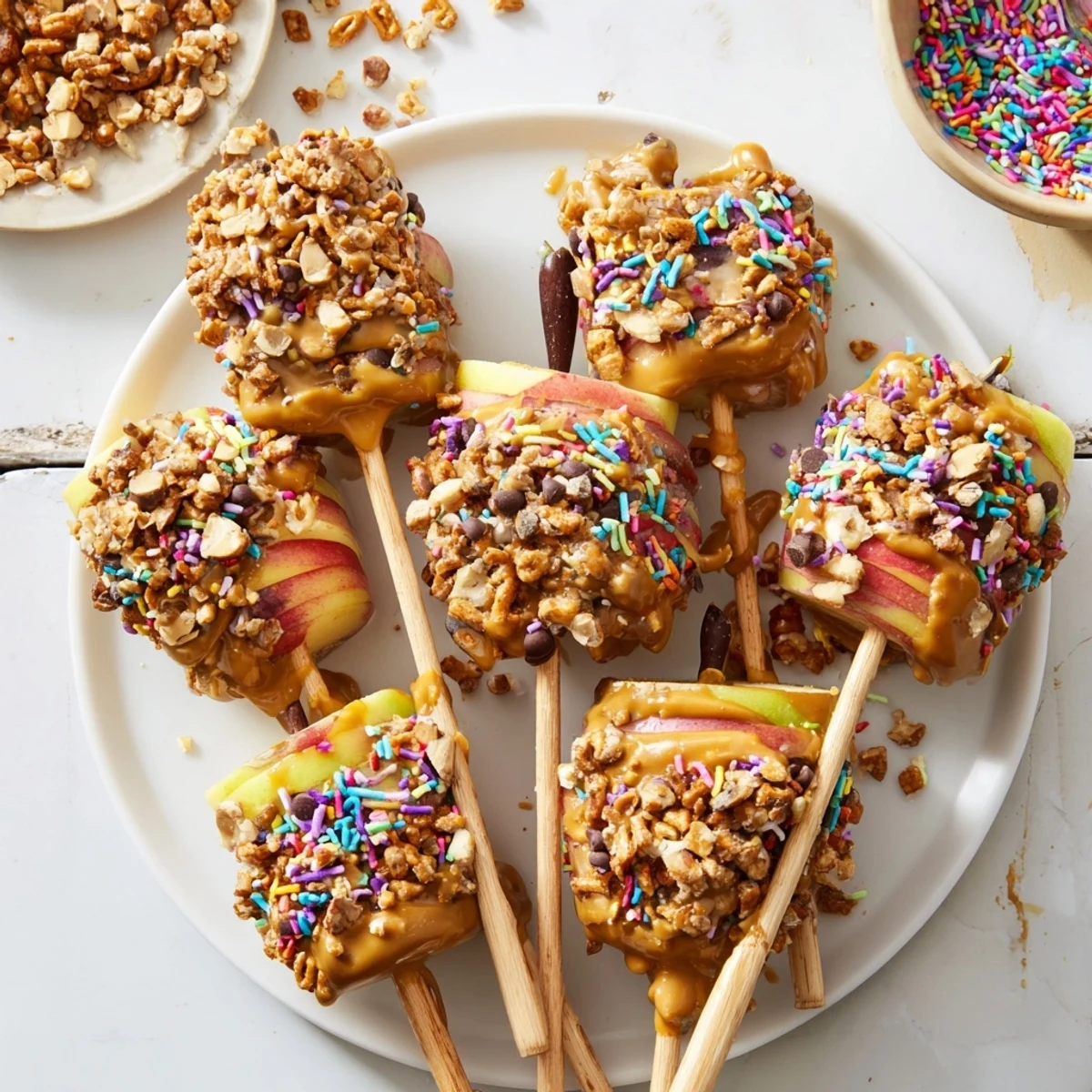 Golden caramel drizzled over creamy peanut butter coated apple slices topped with rainbow sprinkles