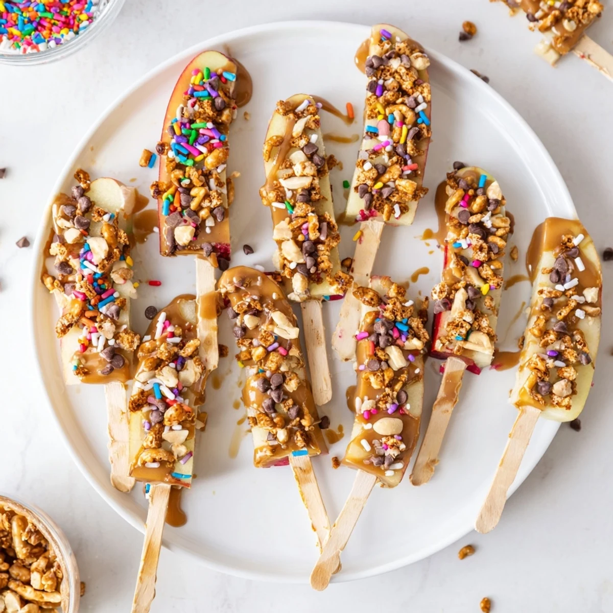 Fresh peanut butter caramel apple pops on wooden sticks with crunchy peanut and chocolate chip toppings