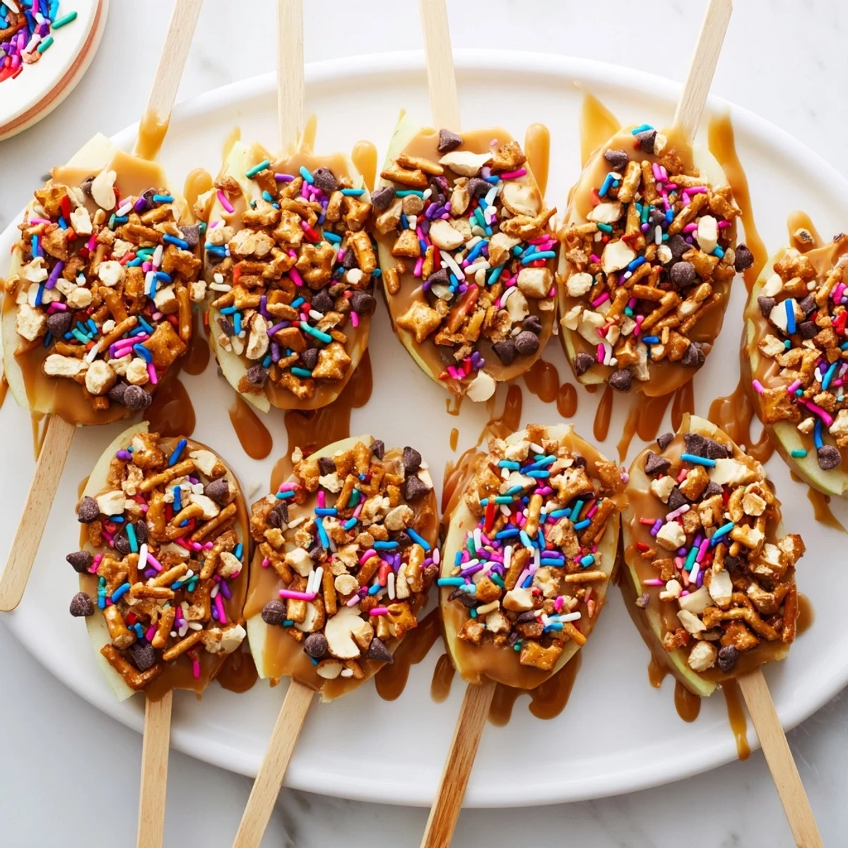 Crisp apple slices layered with smooth peanut butter and gooey caramel finished with crushed pretzels