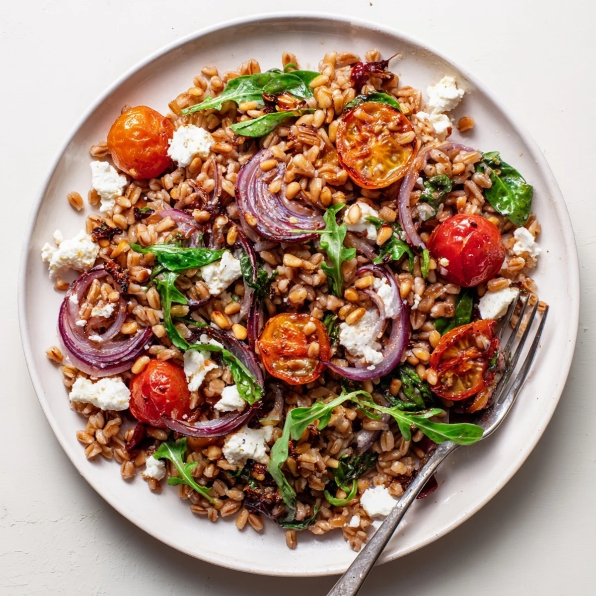 Hearty Mediterranean farro salad featuring sweet roasted tomatoes and peppery arugula