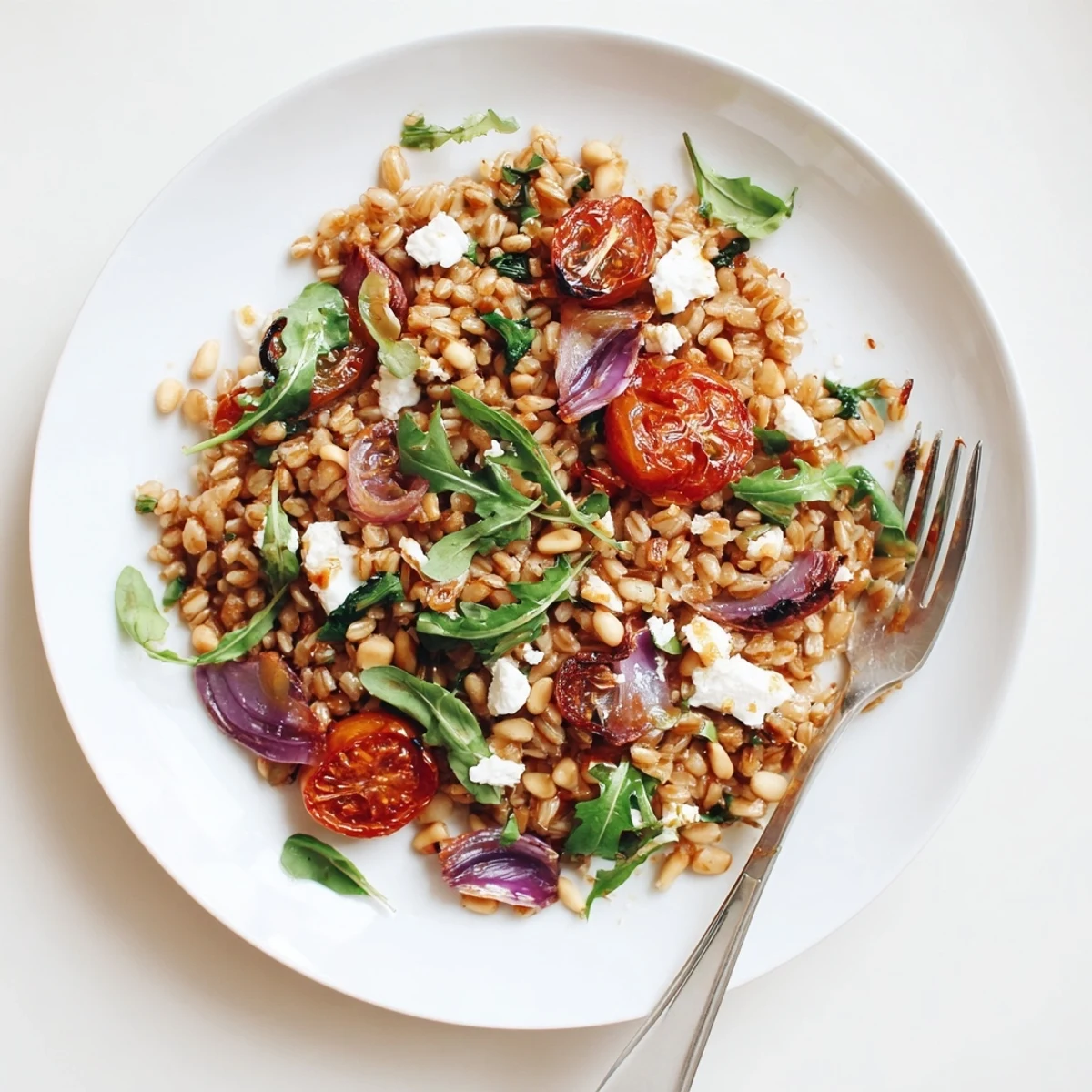 Golden slow roasted tomato farro salad with fresh herbs and balsamic dressing
