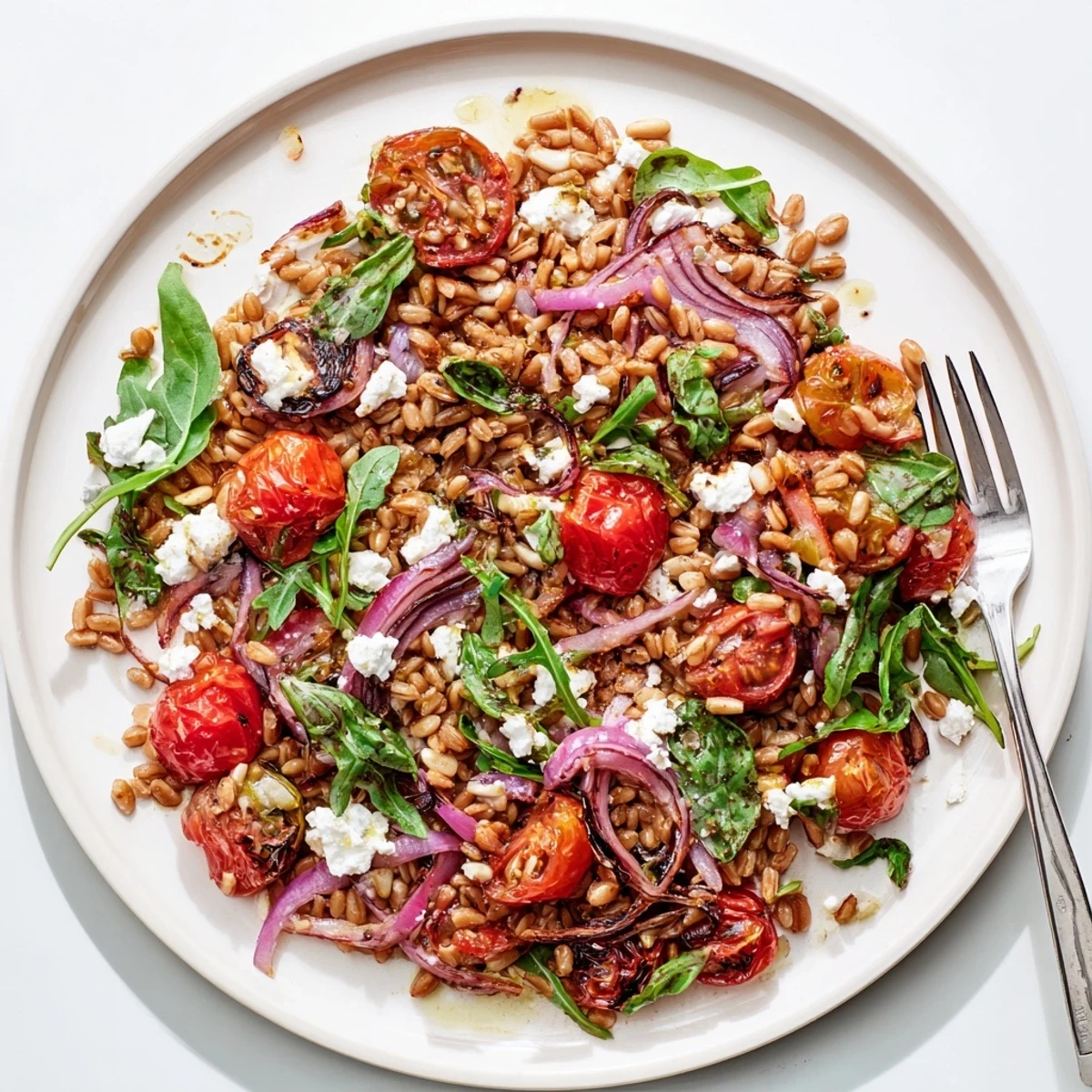 Wholesome slow roasted tomato farro salad topped with crumbled feta and basil