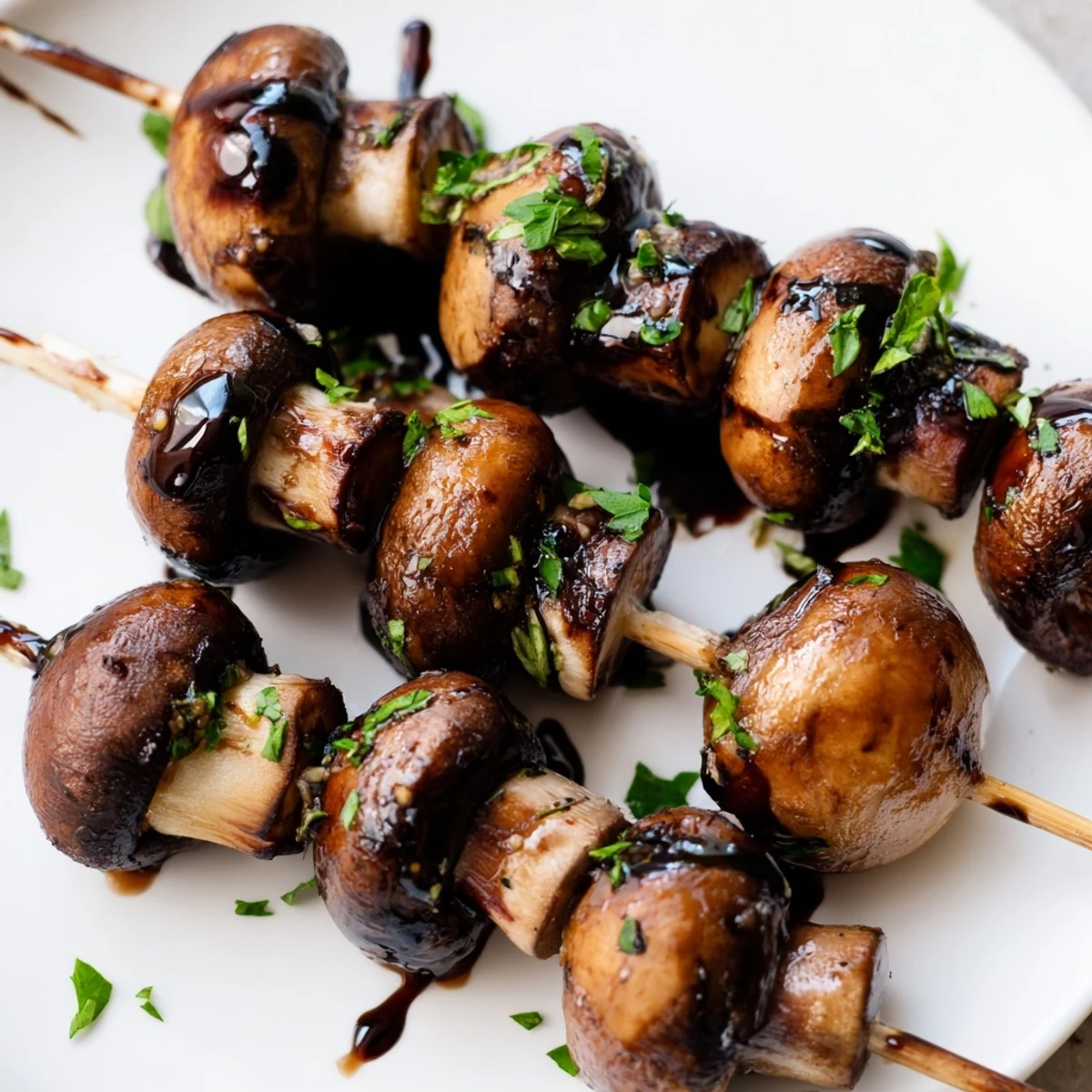 Balsamic Garlic Grilled Mushroom Skewers sizzling, charred edges, garnished with parsley.
