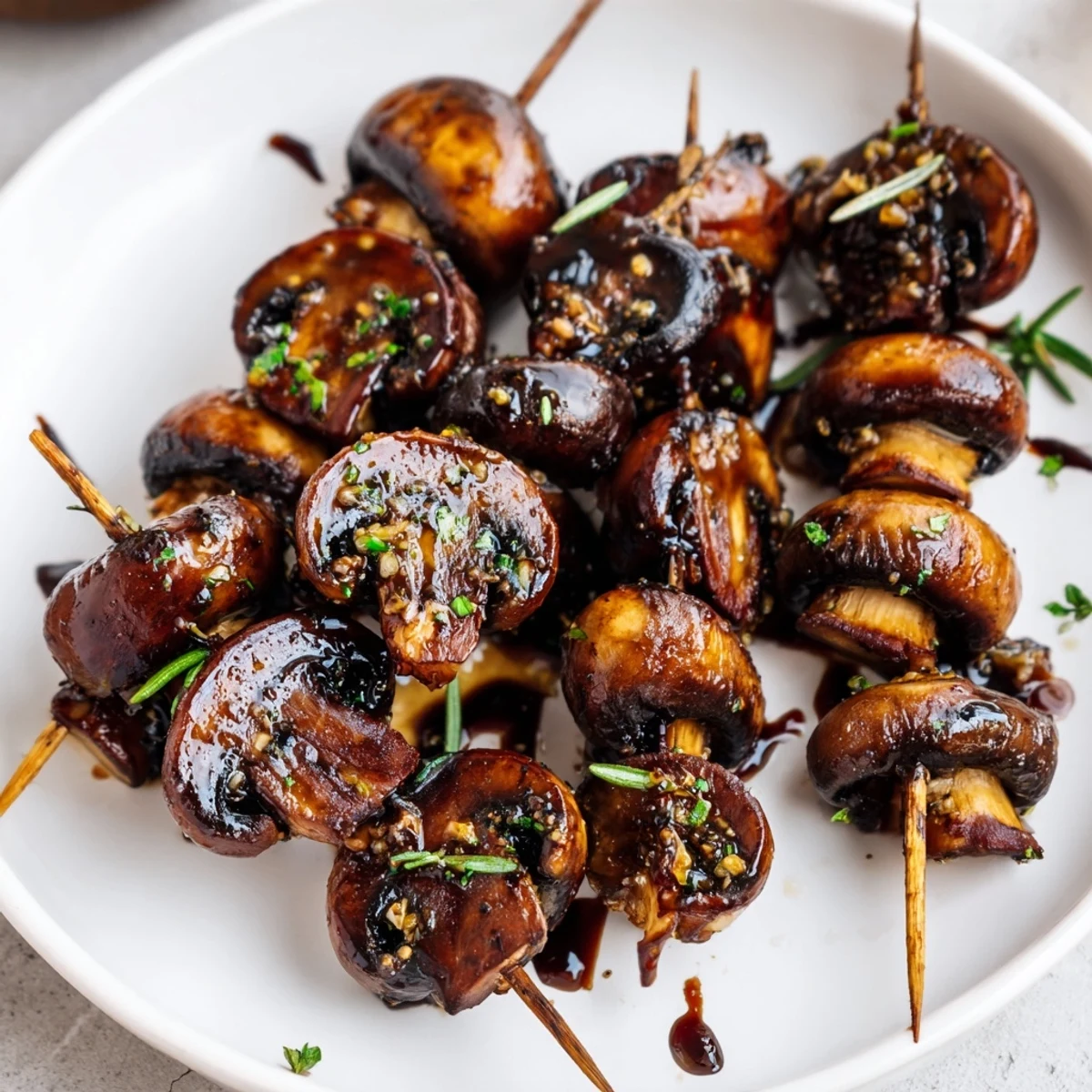Hands holding Balsamic Garlic Grilled Mushroom Skewers, glossy balsamic glaze dripping.