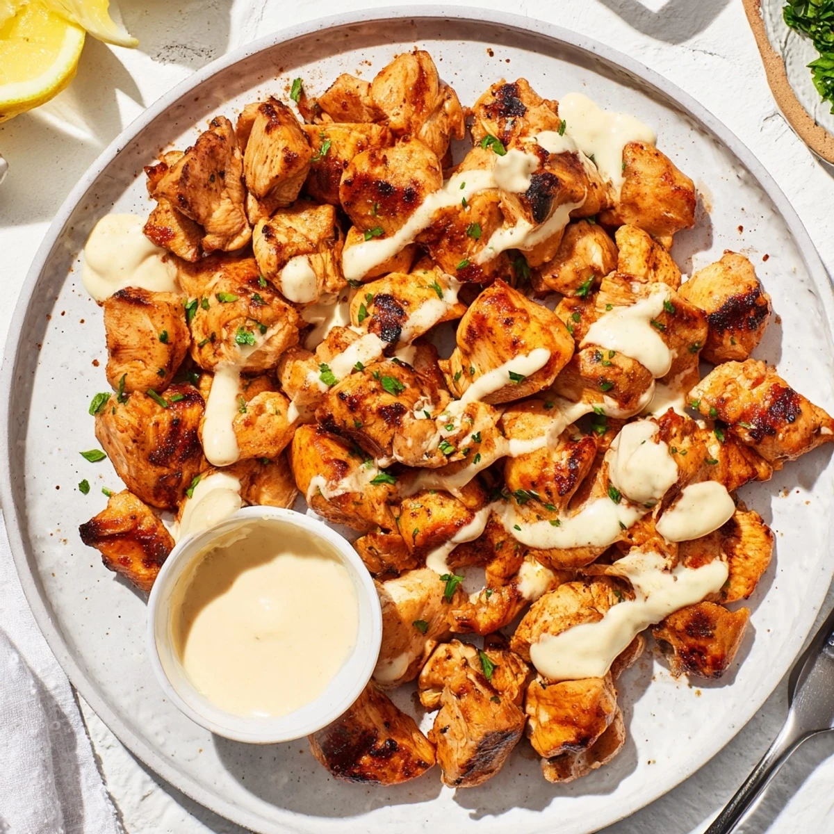 Charred, juicy Grilled Chicken Bites With Creamy Garlic Sauce on skewers